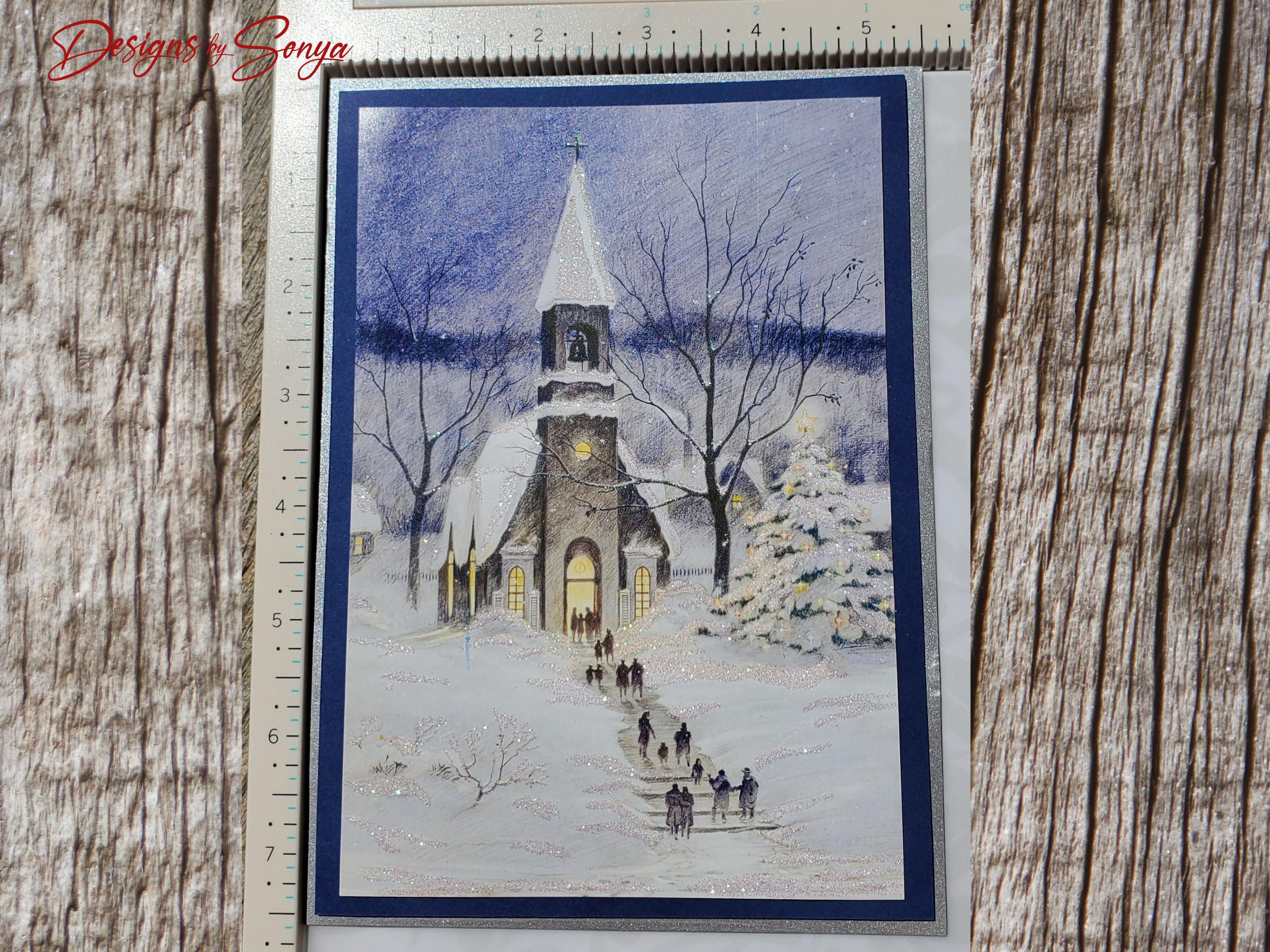 Handmade Christmas Card with Snowy Church Scene & Religious Message – Elegant Winter Holiday Greeting with Silver-Lined Envelope