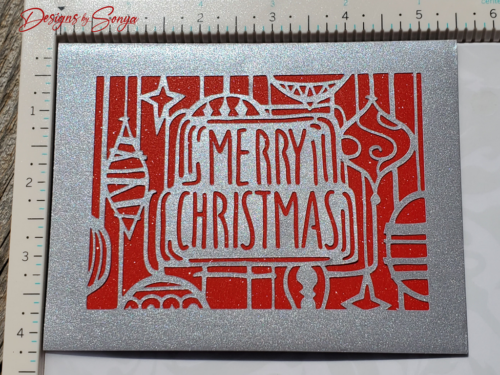Silver Glitter Merry Christmas Card – Handmade A2 Holiday Greeting with Laser-Cut Ornaments & Printed Message
