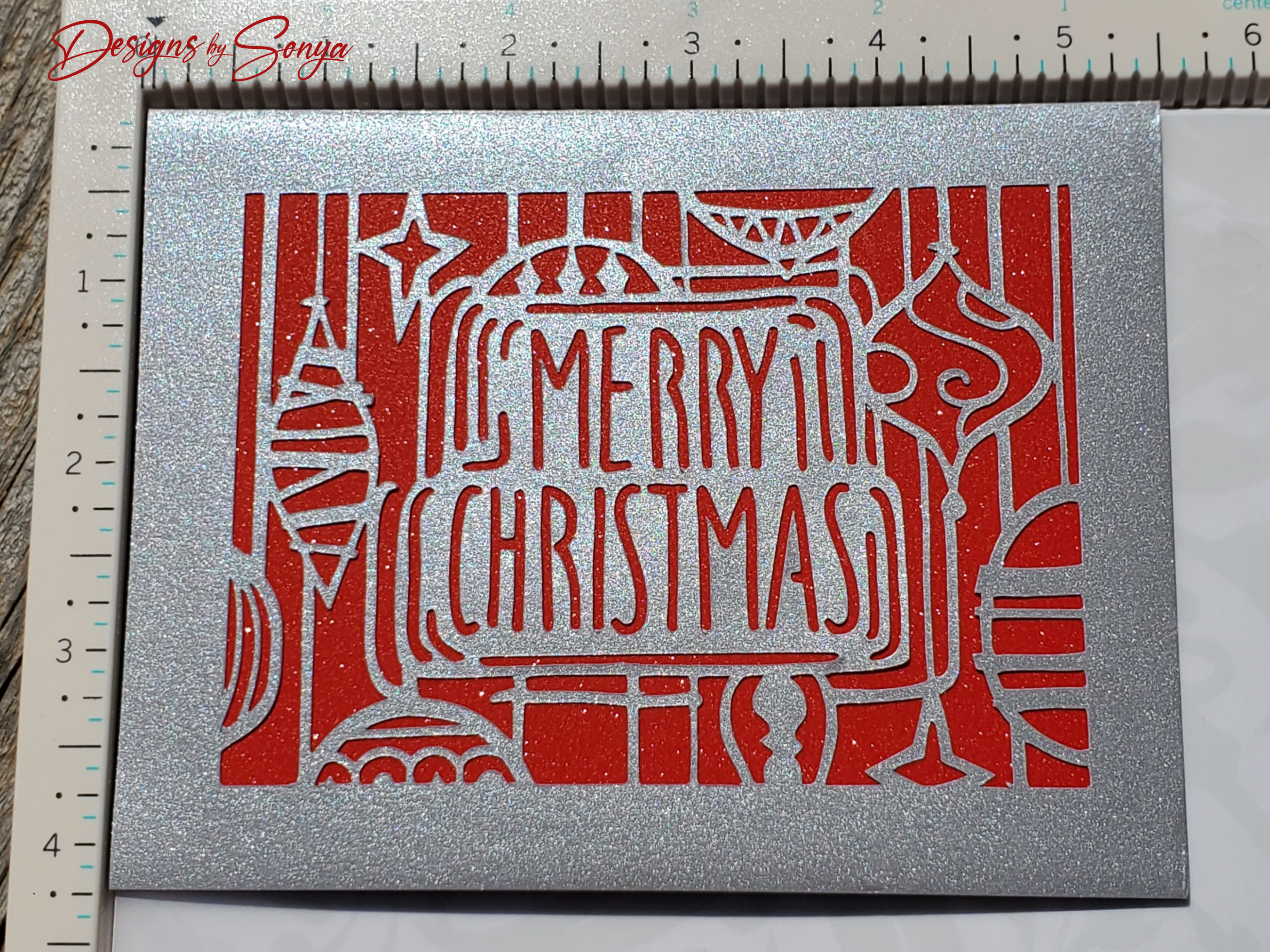 Silver Glitter Merry Christmas Card – Handmade A2 Holiday Greeting with Laser-Cut Ornaments & Printed Message