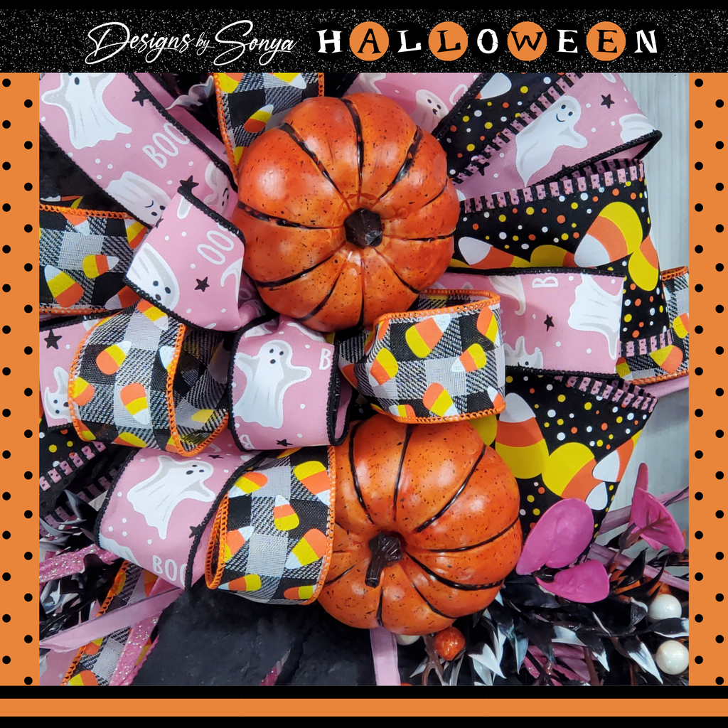 Whimsical Halloween Door Grapevine Wreath | Fun Ghost & Pumpkin Decor | Front Door Wreath | Spooky Entryway Decoration | Pink Door Hanger