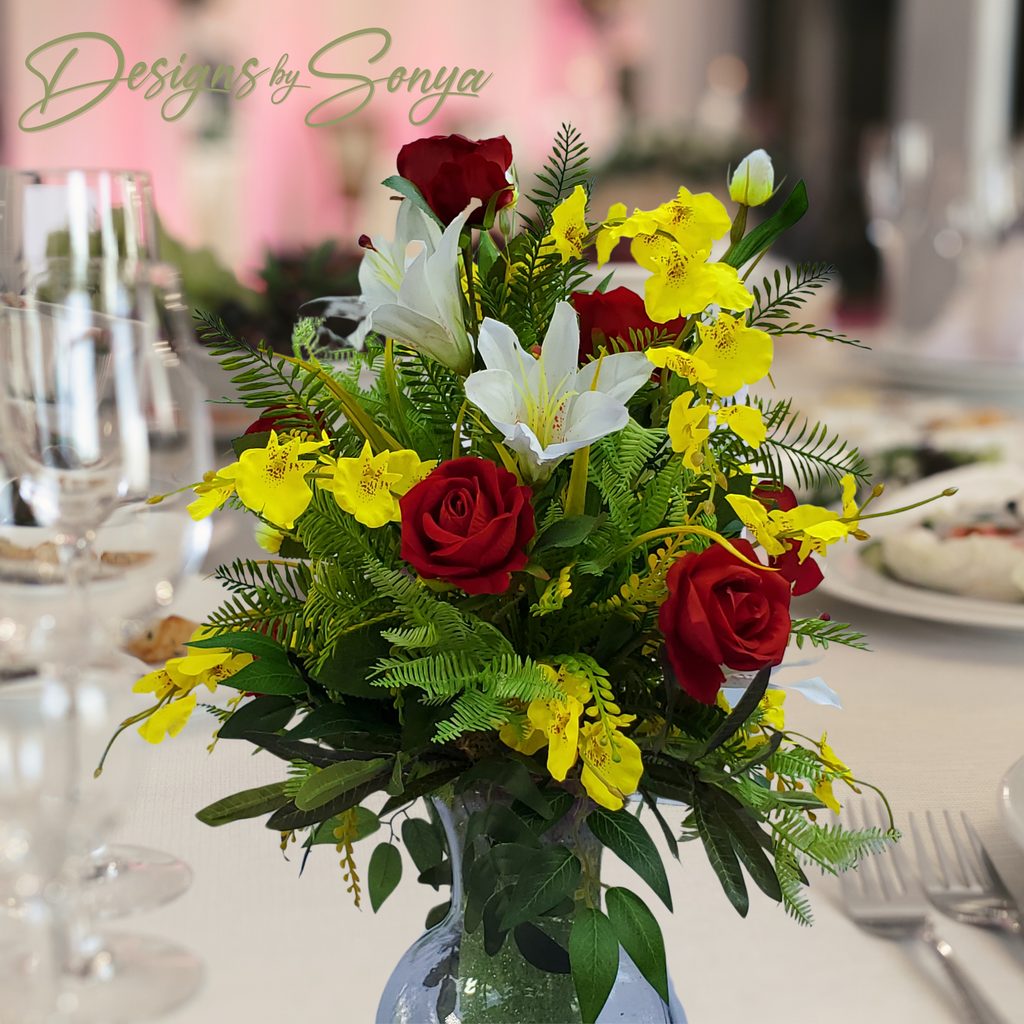 Red Rose, Orchid & Lily Floral Vase Arrangement – Silk Flower Home Decor Centerpiece | Holidays, Christmas, Valentine’s, Mother’s Day Gift