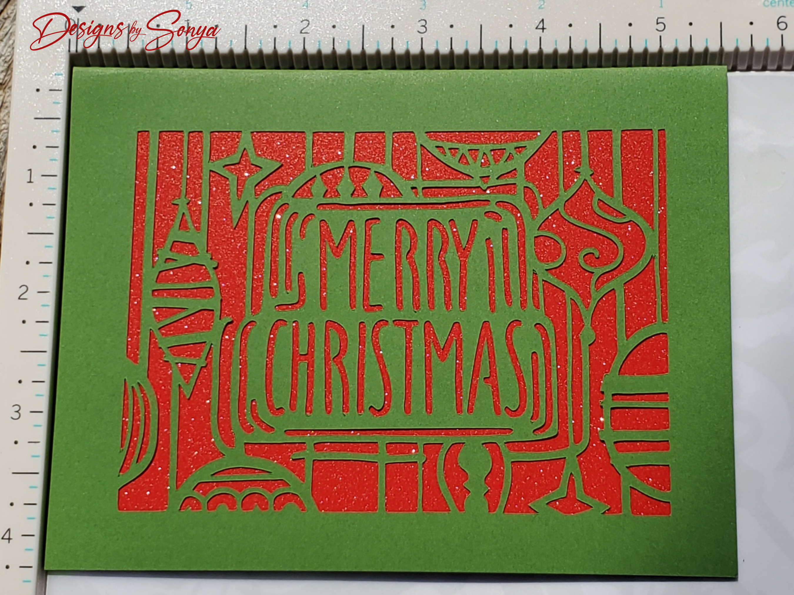 Retro Merry Christmas Card – Handmade A2 Holiday Card with Red Glitter & Ornament Cutouts – 5.5"x4.25" Festive Greeting