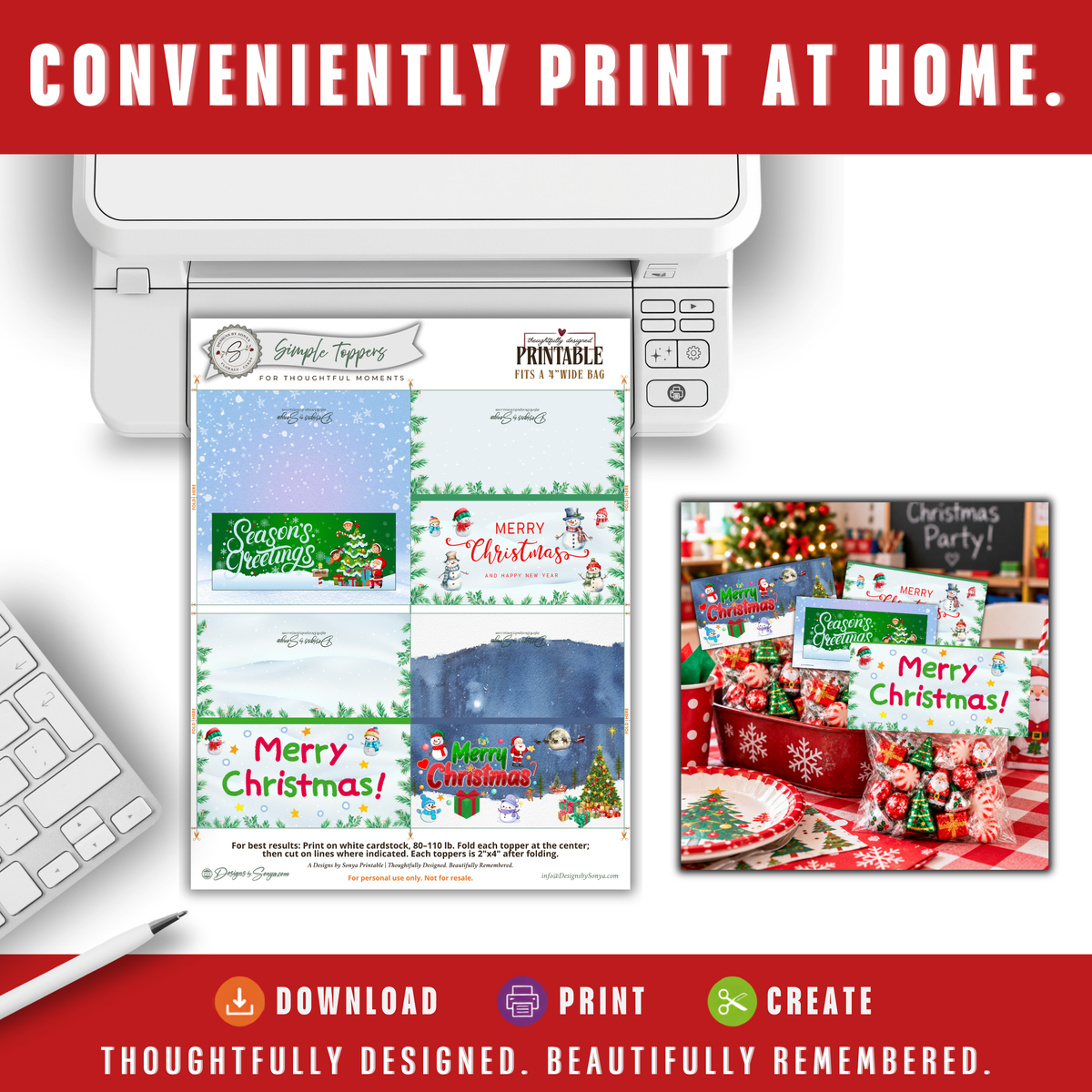 Printable Christmas Treat Bag Topper Collection | 4 Santa & Snowman Holiday Designs | Christmas Candy Bag Toppers for Classroom Parties | 4" x 2" PDF Download