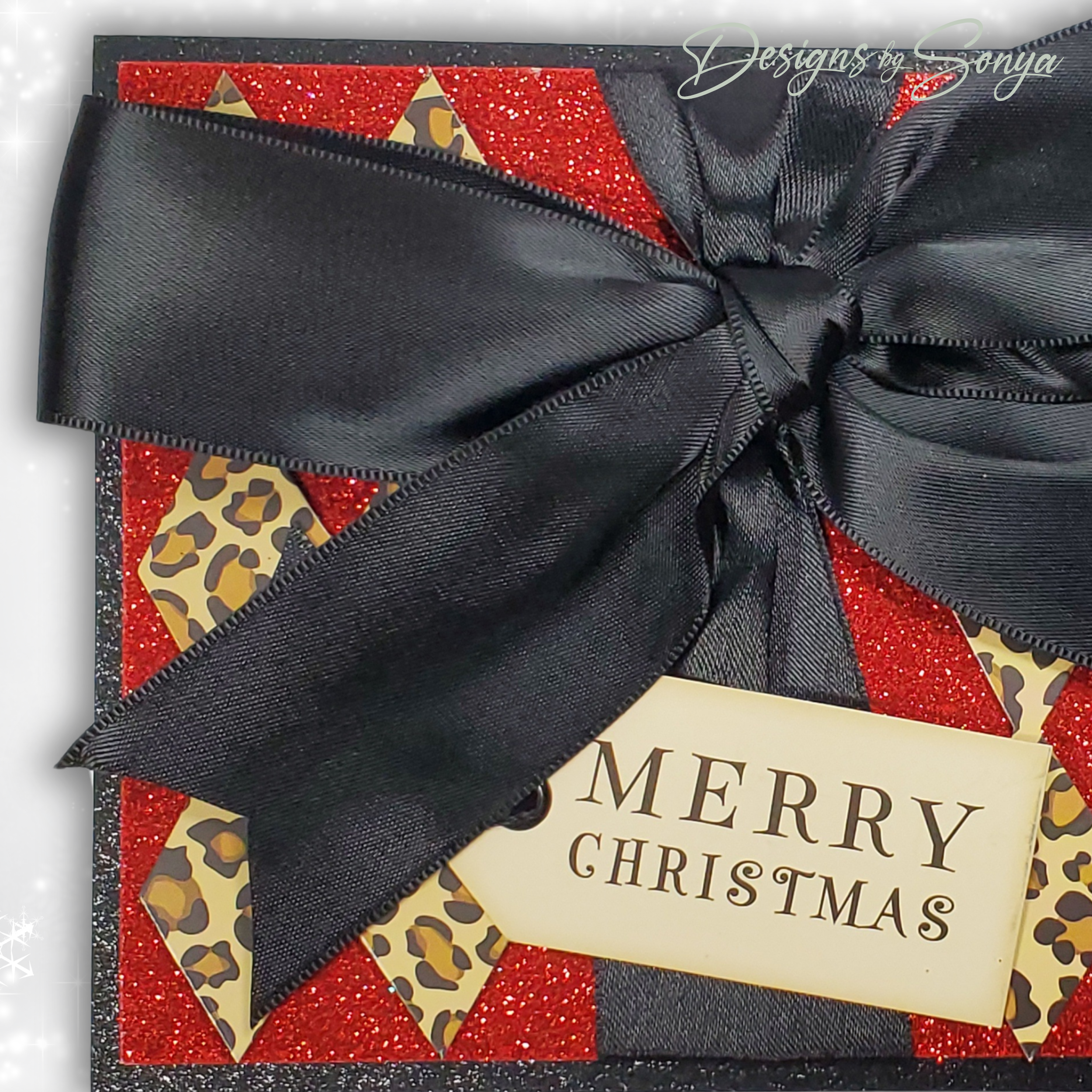 Merry Christmas Card with Leopard & Red Glitter | Handcrafted Holiday Card with Bow | Unique A7 Keepsake for Gift-Giving