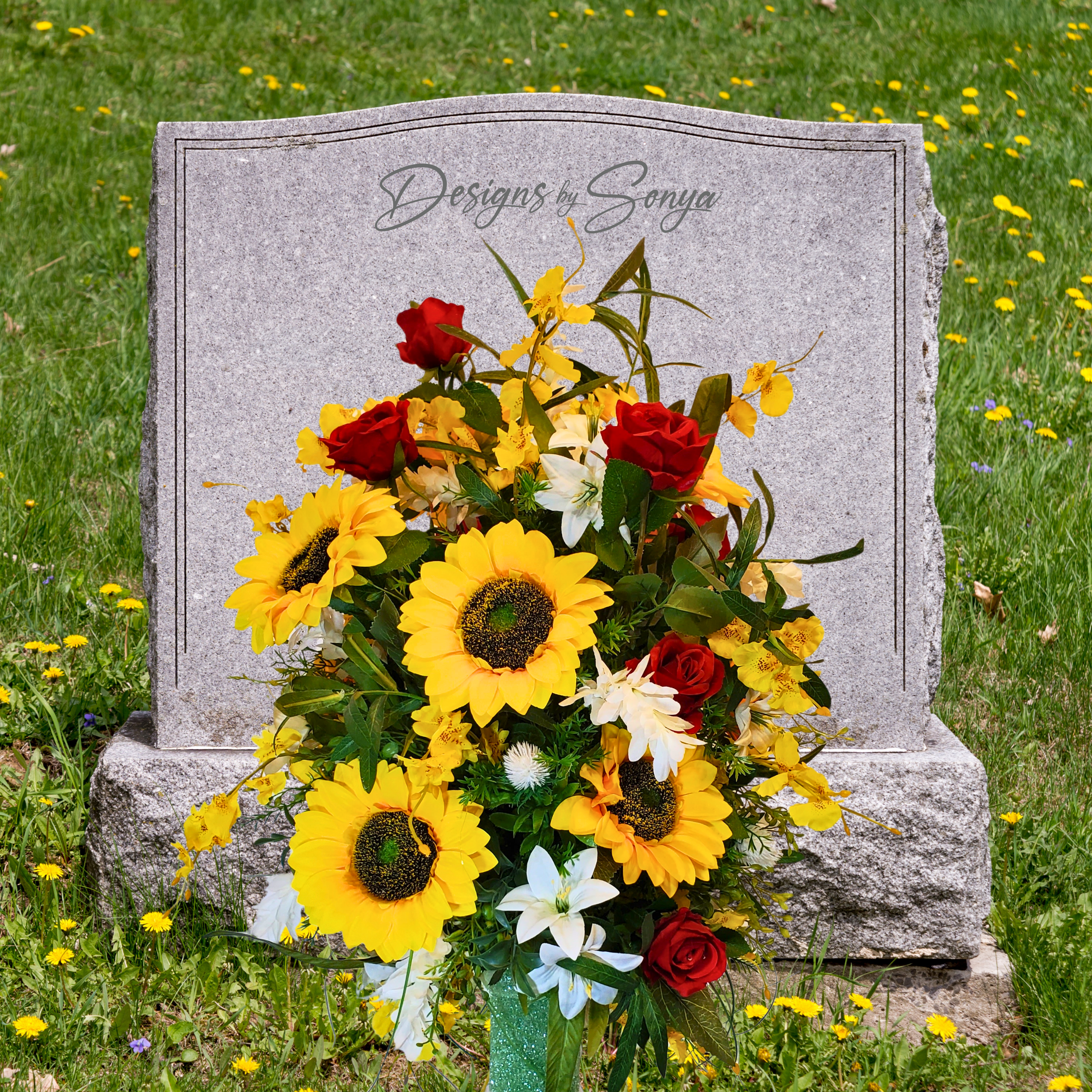 Sunflower and Red Roses Silk Cemetery Vase Insert – Artificial Grave Flower Arrangement | Summer Centerpiece or Memorial Floral Decoration