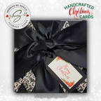 Merry Christmas Card in Black & Silver | Handcrafted A7 Holiday Card with Poinsettia Tag & Satin Bow | Elegant Client Gift