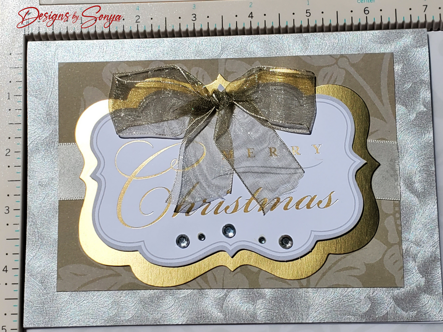 LIMITED EDITION | Elegant Handmade Merry Christmas Card | Luxury Holiday Greeting Gold Accents, Sheer Ribbon Bow, Rhinestones, Unique Design