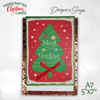Handcrafted Merry Christmas Tree Card with Ribbon Bow | A7 Holiday Greeting Card | Limited Edition Handmade Christmas Card