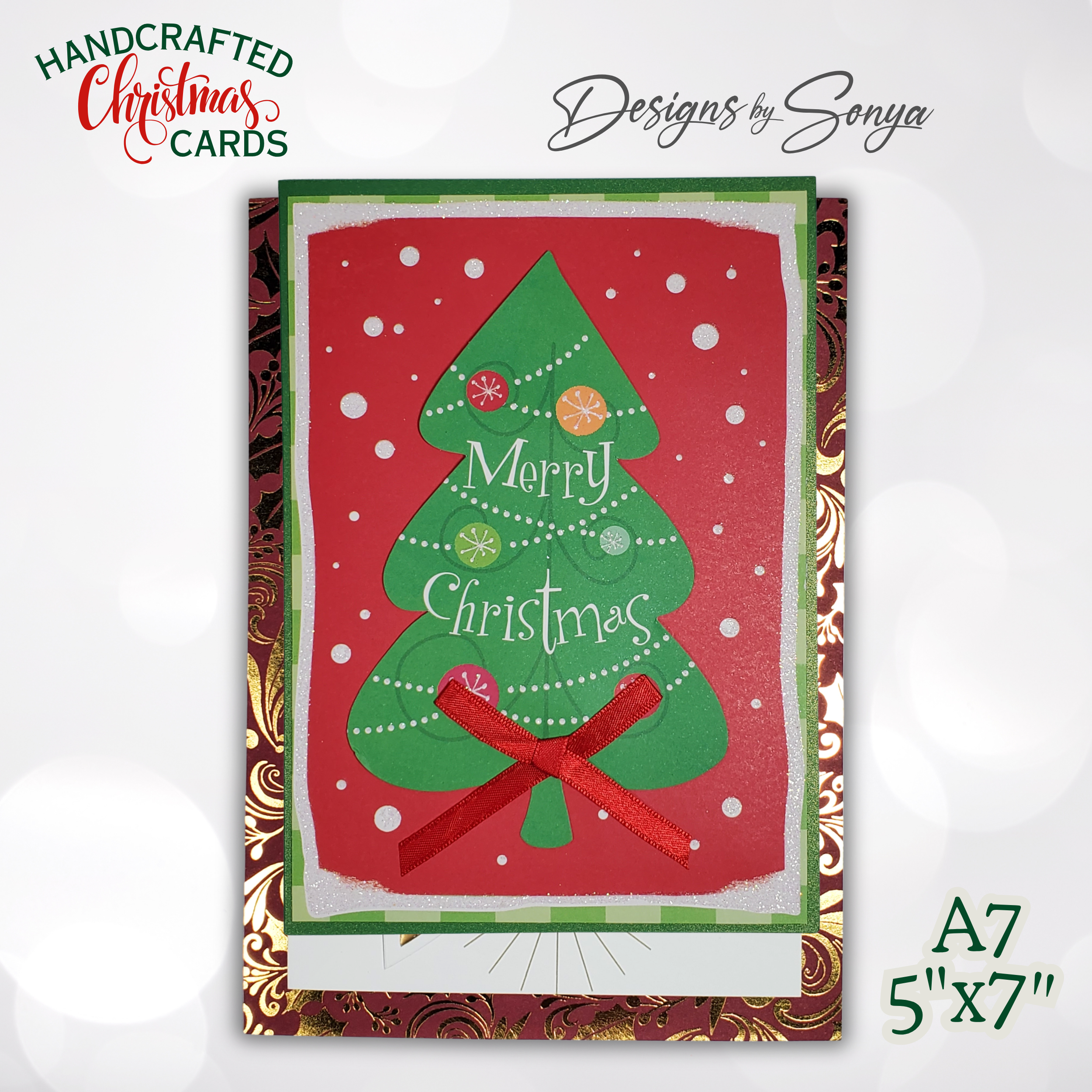 Handcrafted Merry Christmas Tree Card with Ribbon Bow | A7 Holiday Greeting Card | Limited Edition Handmade Christmas Card