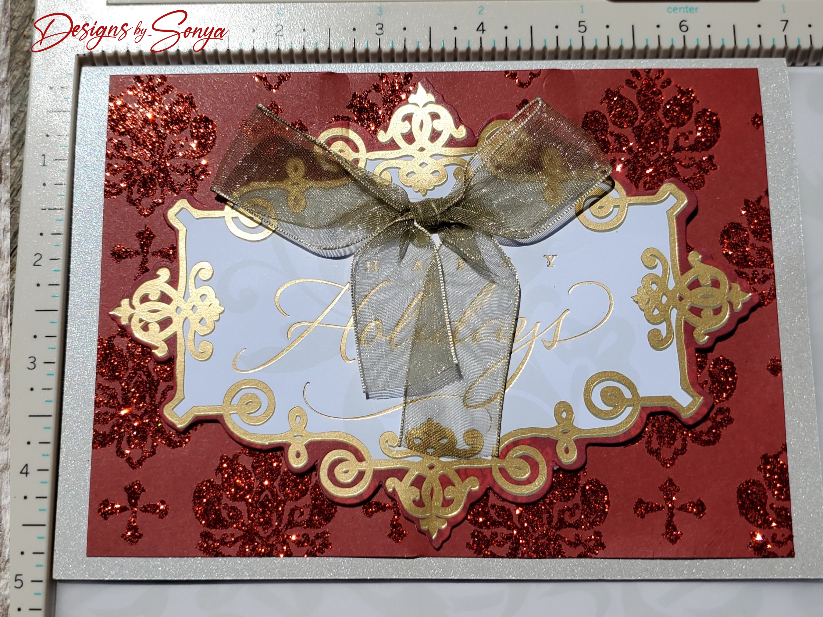 Limited Edition Red & Gold Happy Holidays Card – Handmade A7 Christmas Greeting with Glitter & Bow – Elegant 5x7” Keepsake