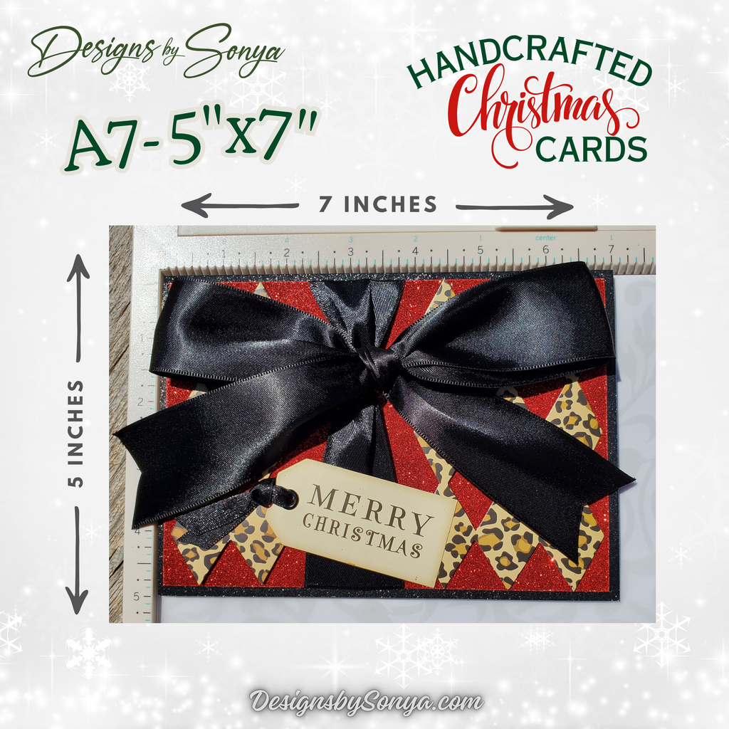 Luxury Handcrafted A7 Christmas Card – Red Glitter, Leopard Print, Satin Bow, Die-Cut Tag, 5"x7" Holiday Greeting with Gold Lined Envelope