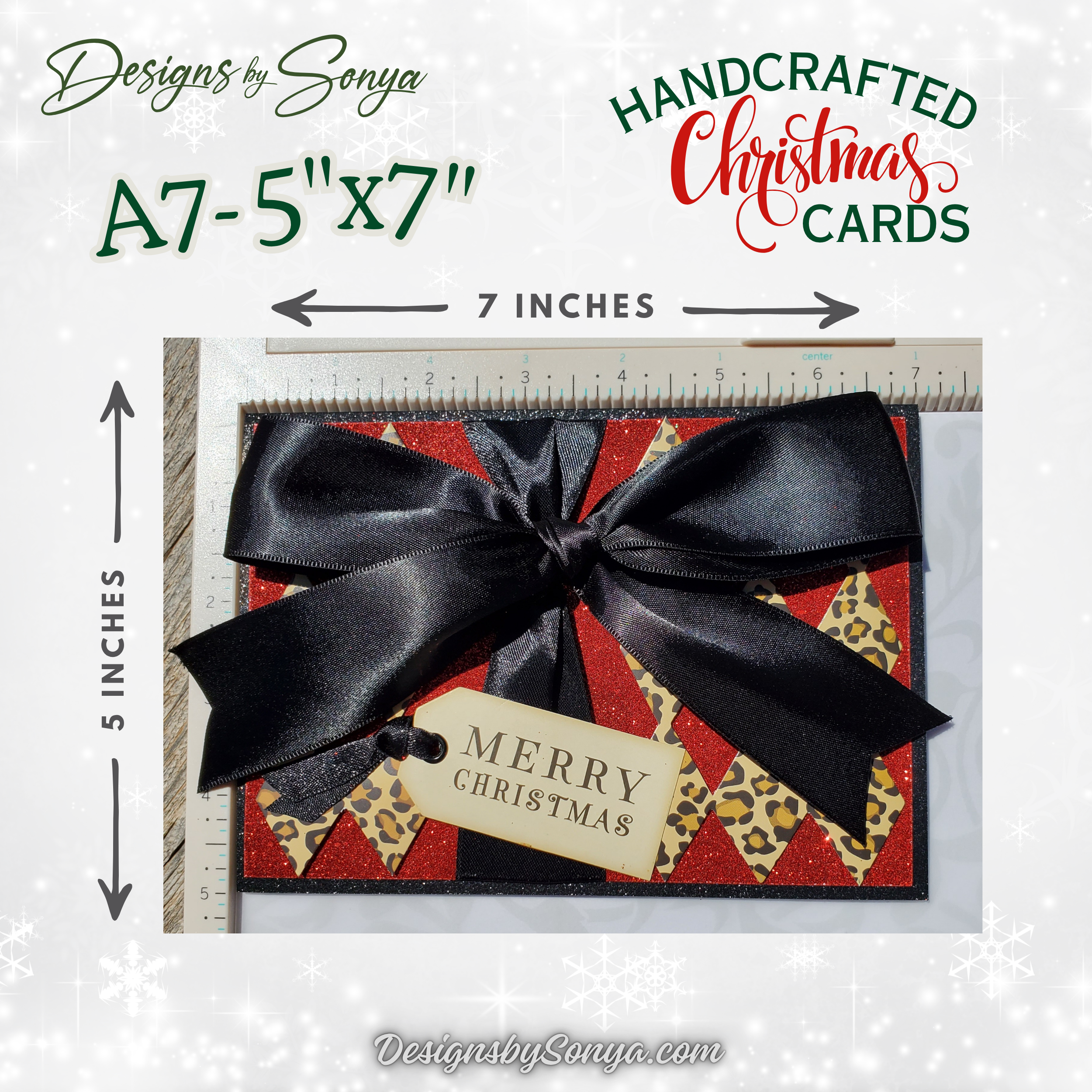 Luxury Handcrafted A7 Christmas Card – Red Glitter, Leopard Print, Satin Bow, Die-Cut Tag, 5"x7" Holiday Greeting with Gold Lined Envelope