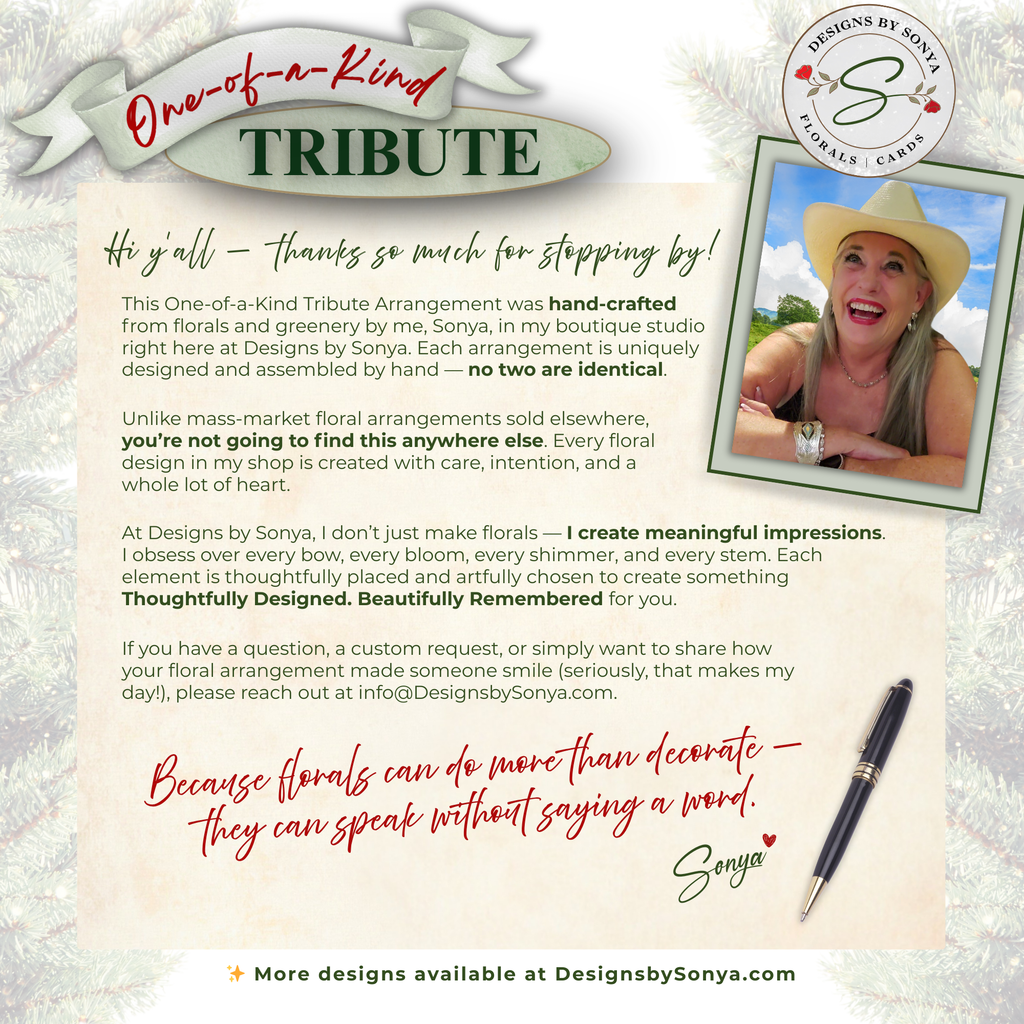 One-of-a-Kind Tribute Introduction
Promotional card with designer introduction, emphasizing handcrafted, unique floral arrangements for memorials and special tributes.