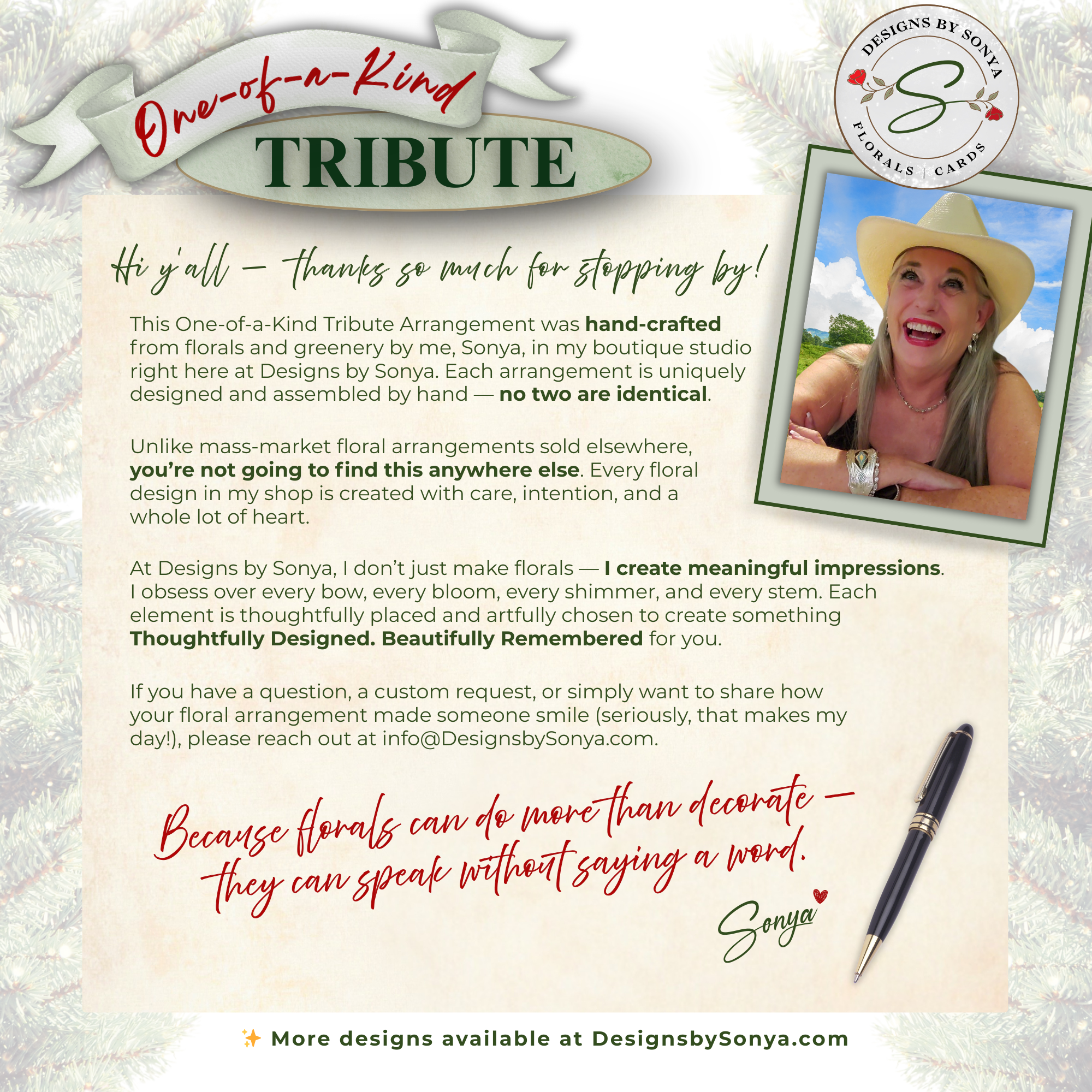 One-of-a-Kind Tribute Introduction
Promotional card with designer introduction, emphasizing handcrafted, unique floral arrangements for memorials and special tributes.