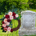Grapevine Front Door Wreath - Country Rustic Porch, Memorial Service Handcrafted with Roses, Camellias, Dahlias, Greenery