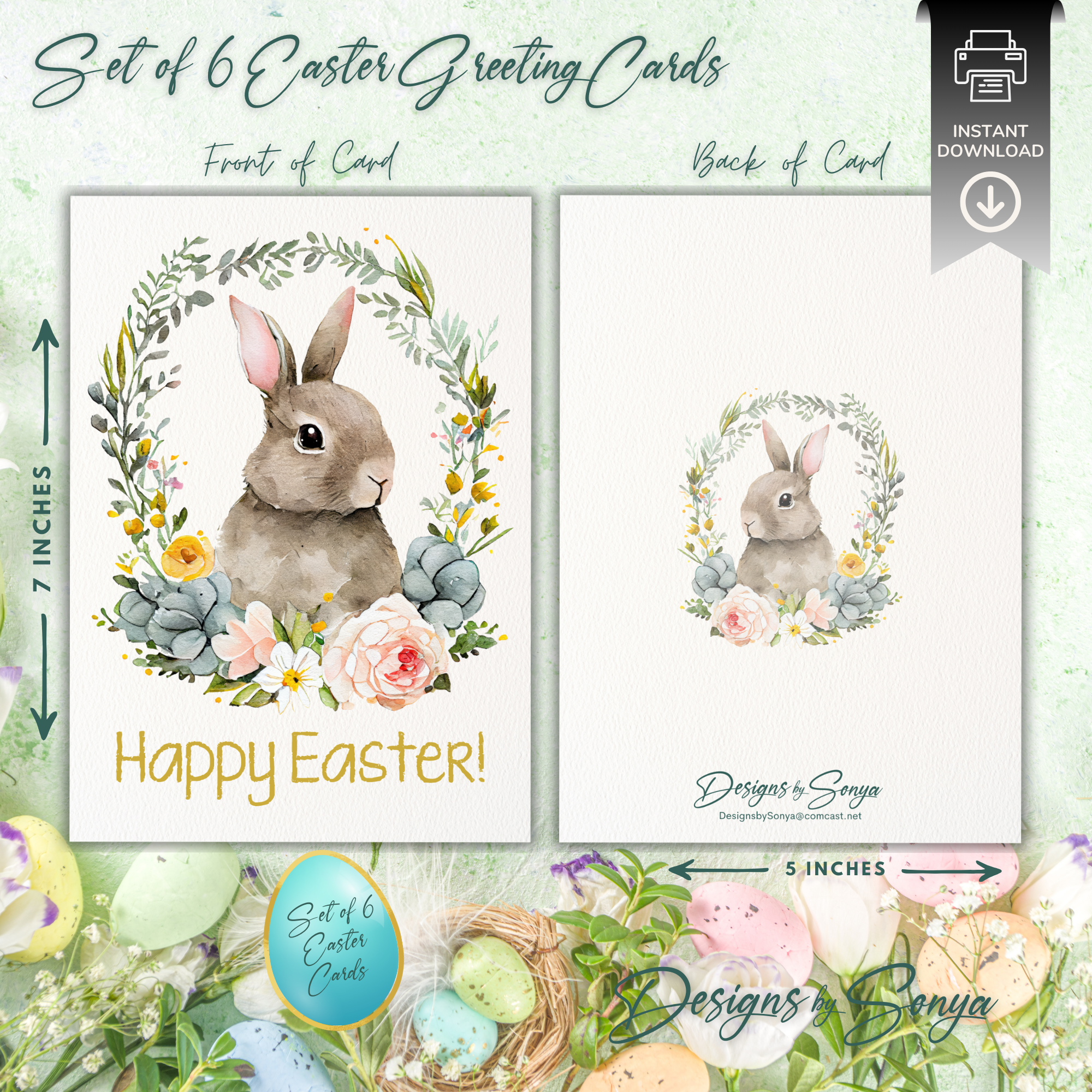 Elegant Custom Designed Set of 6 Printable 5 x 7 inch Happy Easter Greeting Cards - Floral Designs with an Adorable Rabbit -Instant Download