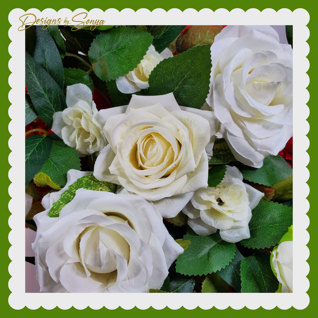 Lasting Honor: Custom Memorial Standing Cross with Red Carnations and White Roses