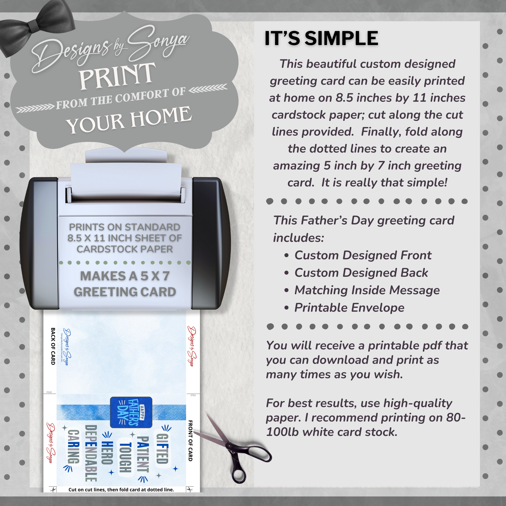 Father's Day - Gifted Patient Tough Hero Dependable Caring | Custom Designed | Printable Greeting Card | Matching Envelope Included | Instant Download | Print at Home