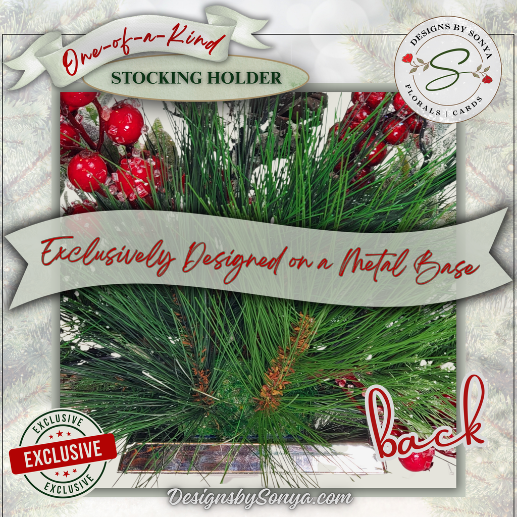 Back Metal Base View
Rear view of handmade stocking holder showing solid silver metal base and lush floral arrangement with frosted greenery and pinecones. Built for durability and stability.