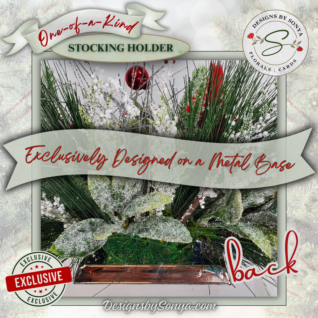 Back View Stocking Holder Metal Base
Rear view of the handmade cardinal stocking holder showing sturdy metal base. Strong construction supports holiday stockings and symbolic memorial floral arrangement.