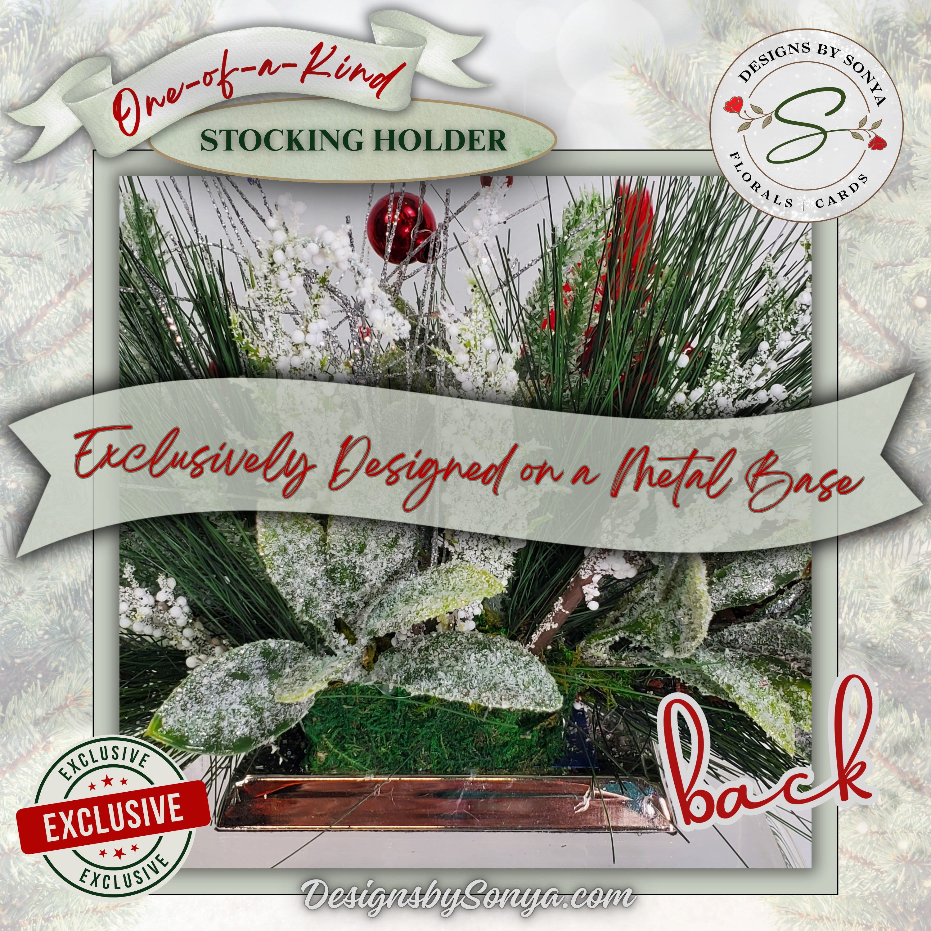 Back View Stocking Holder Metal Base
Rear view of the handmade cardinal stocking holder showing sturdy metal base. Strong construction supports holiday stockings and symbolic memorial floral arrangement.