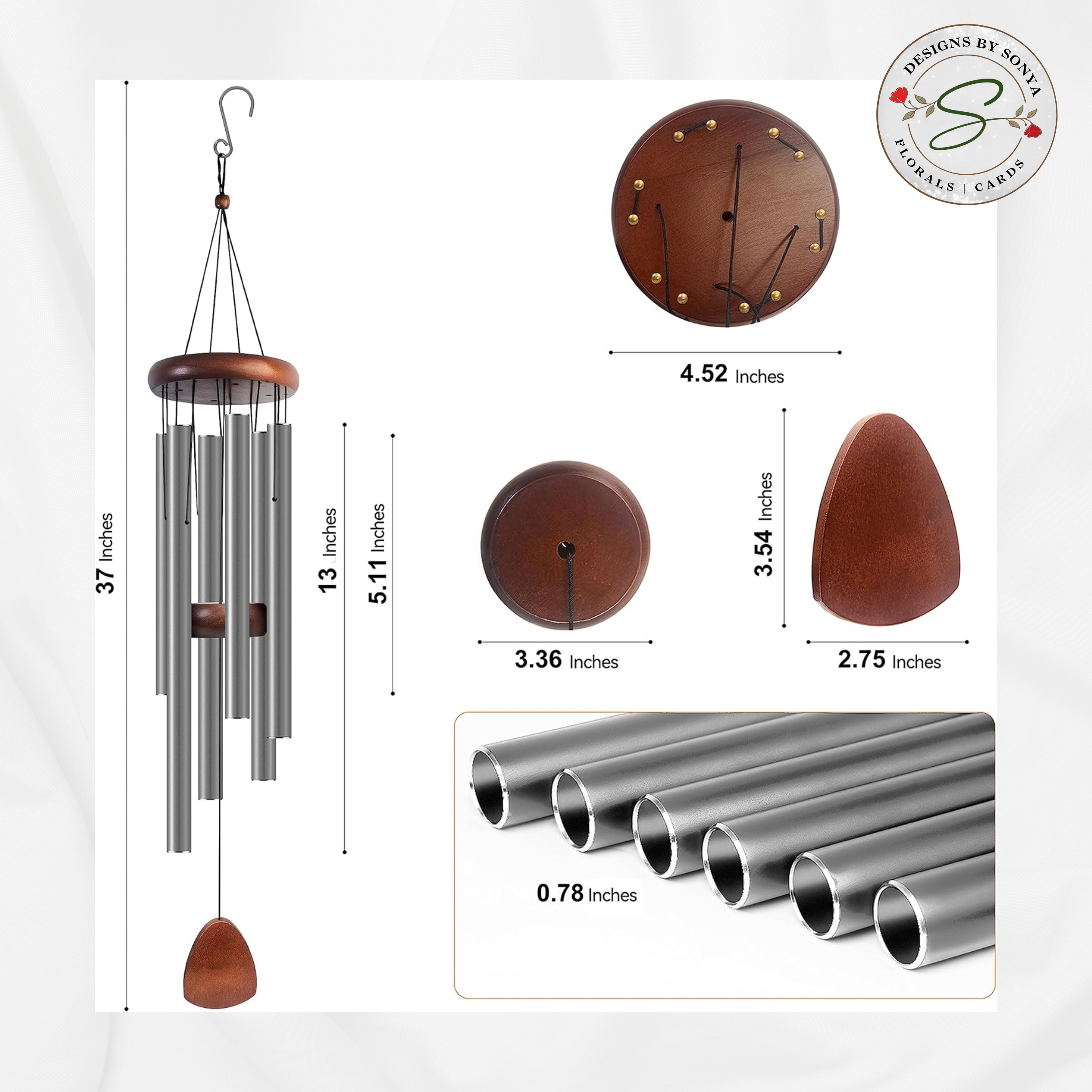 Wind Chime Dimensions
Diagram of wind chime dimensions with measurements for tube length and overall size.