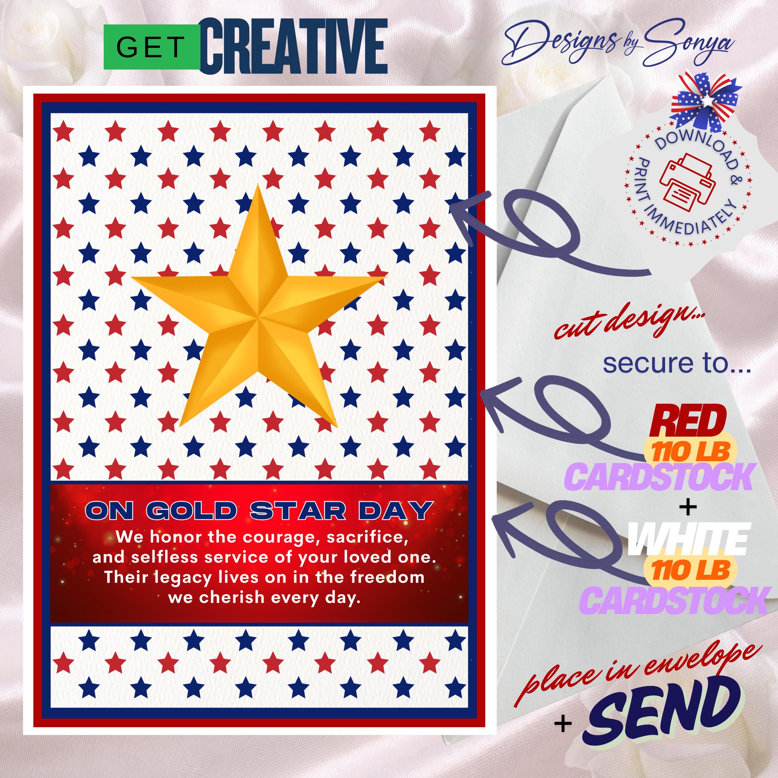Gold Star Day Patriotic Greeting Card, Military Sympathy Card, 5x7 Memorial Day Card, Instant Download Printable Hero Tribute Card