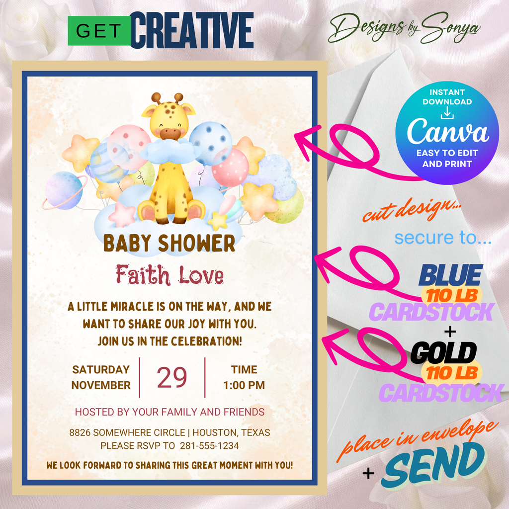 Giraffe Baby Shower Invitation Template | Cute Gender Neutral Baby Shower Invite | Editable Canva Design | Printable 5x7 Digital Download for Parents & Hosts