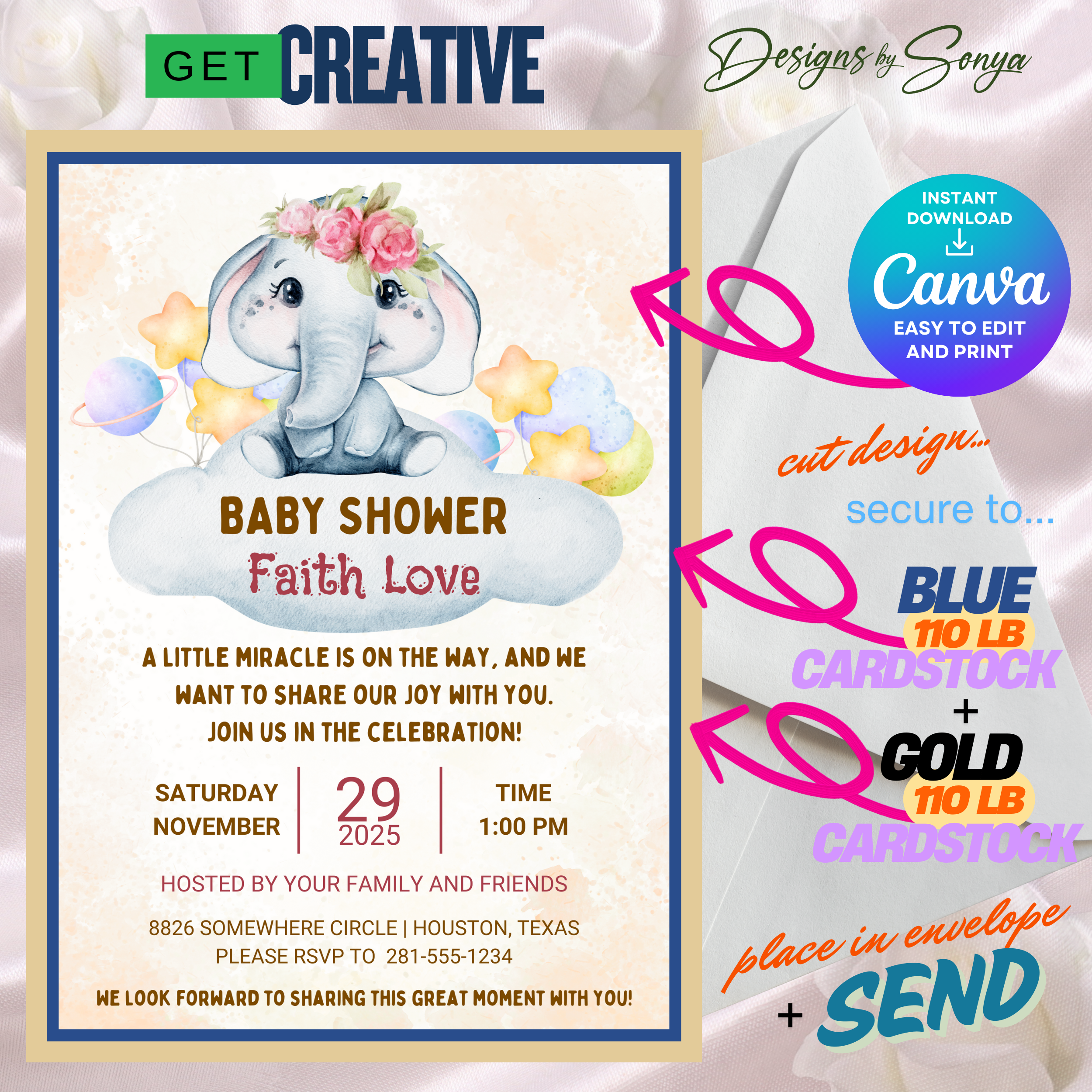 Elephant Baby Shower Invitation Template | Cute Gender Neutral Canva Invite | Editable 5x7 Printable Baby Shower Digital Download for Parents & Hosts