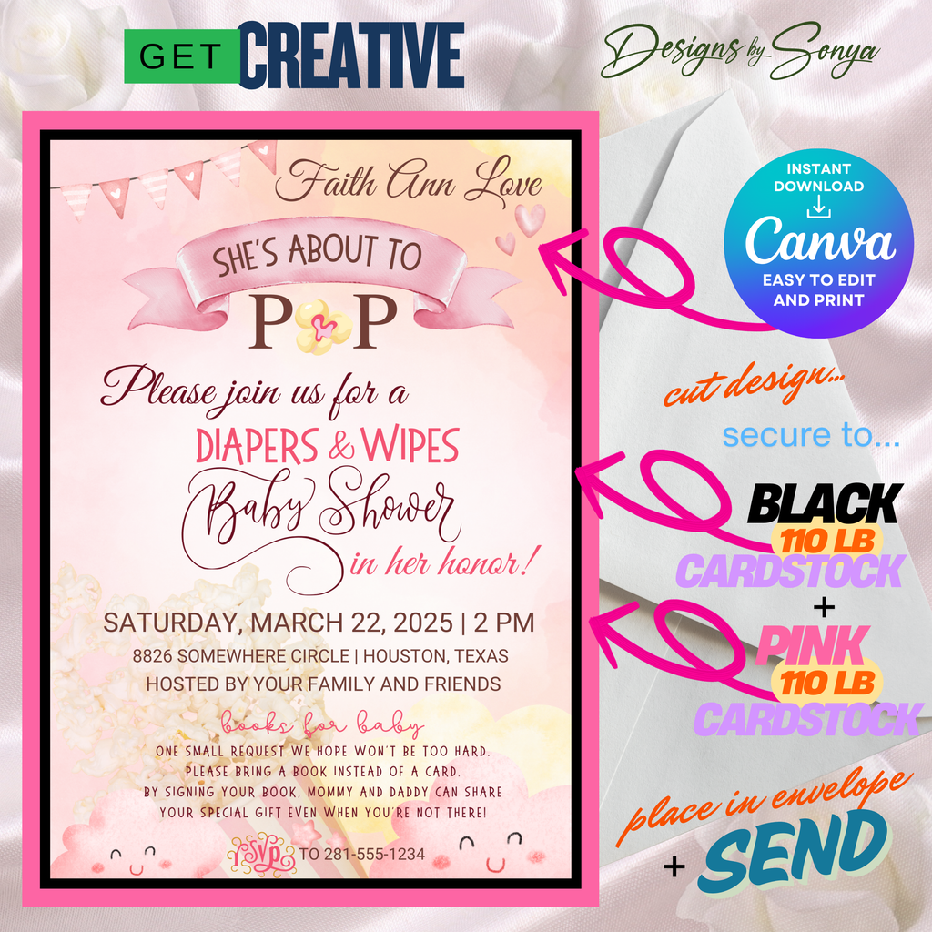 She’s About to Pop Baby Shower Invitation | Editable Canva Template | Pink Watercolor Balloon Theme | Custom Party Printable 5x7 Invite