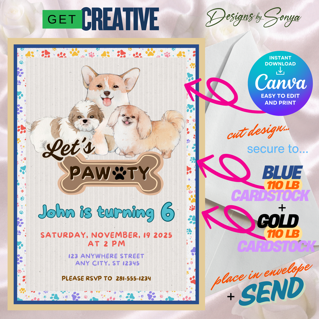 Dog Birthday Party Invitation | Let’s Pawty Editable Canva Template | Printable Pet-Themed Kids Birthday Invite | Cute 5x7 Digital Download