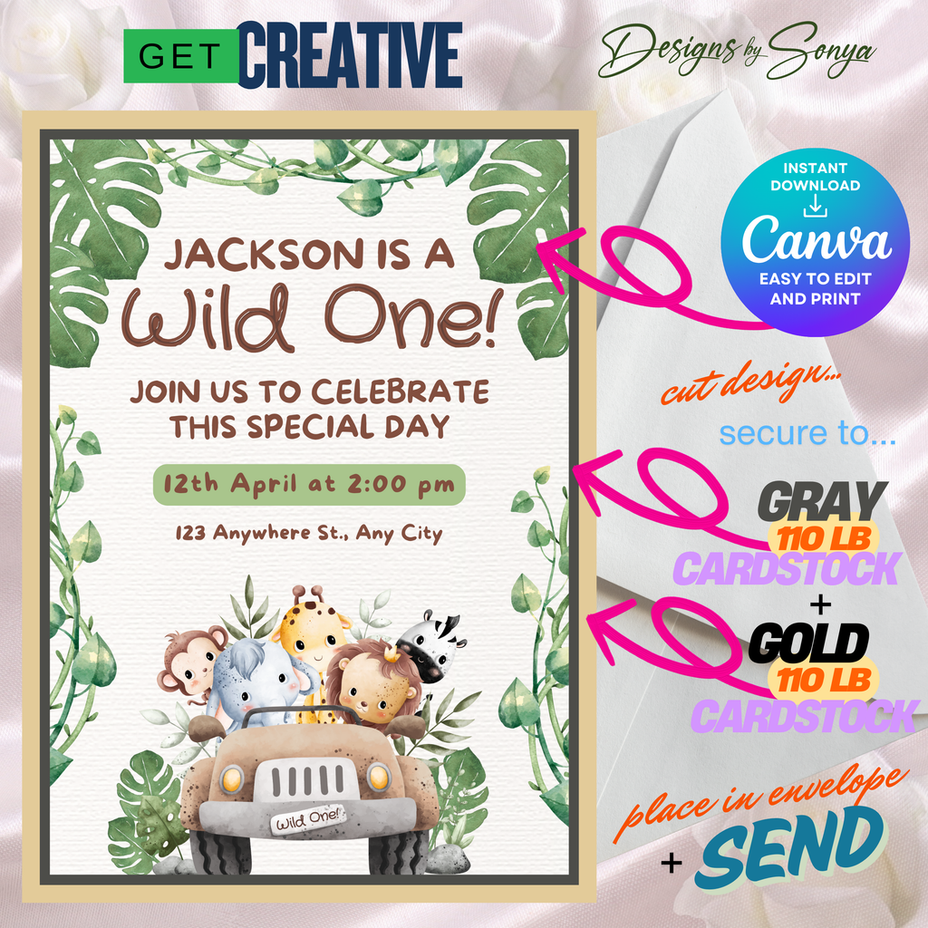 Wild One Safari Birthday Invitation | Jungle Animal Party Invite | Editable Canva Template | Printable 5x7 Kids Birthday Invitation Digital Download