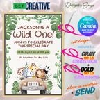 Wild One Safari Birthday Invitation | Jungle Animal Party Invite | Editable Canva Template | Printable 5x7 Kids Birthday Invitation Digital Download
