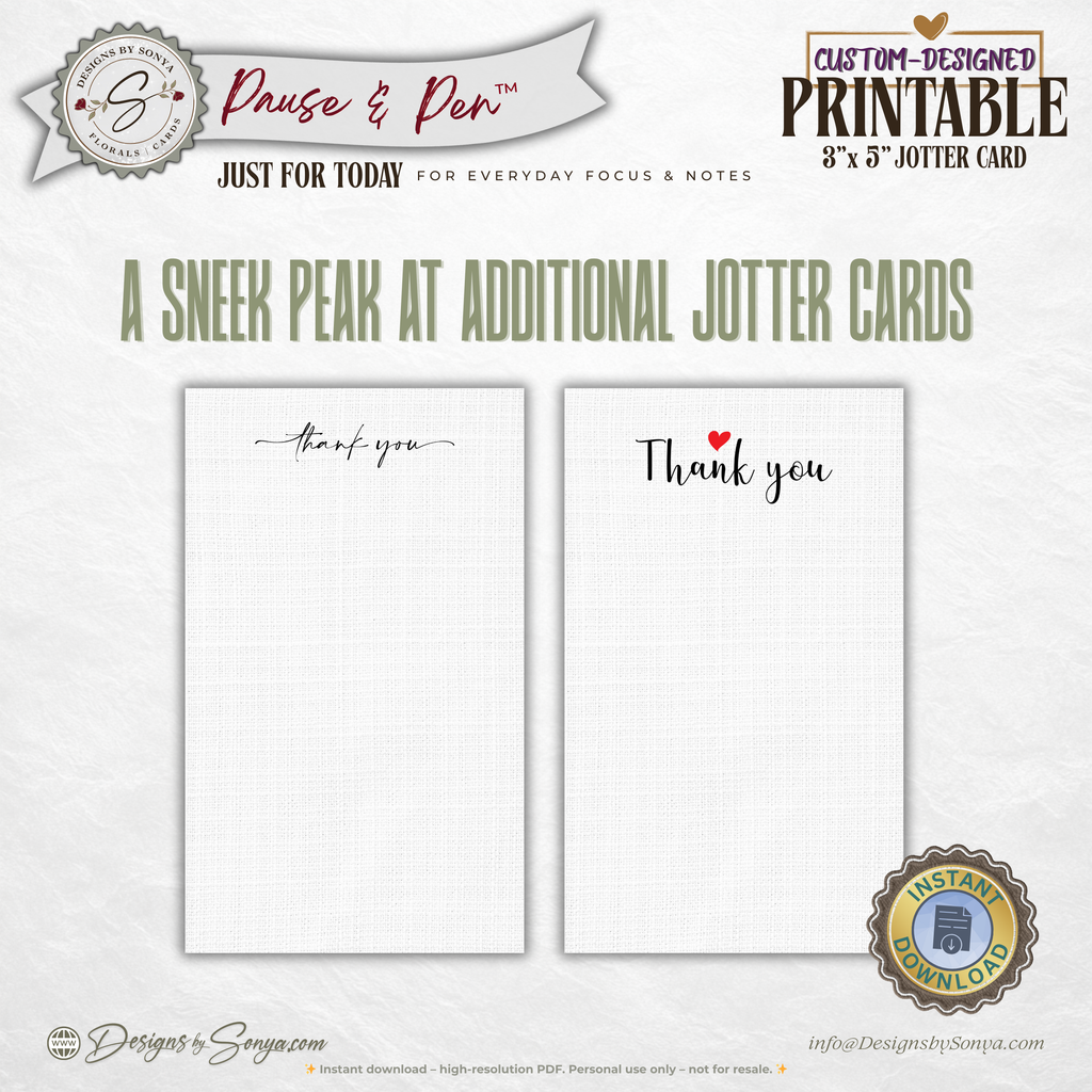 3x5 Jotter Card Printable Set of 3 – Just for Today, Notes & Grid Cards for Daily Focus – Pause & Pen™ Printable Stationery