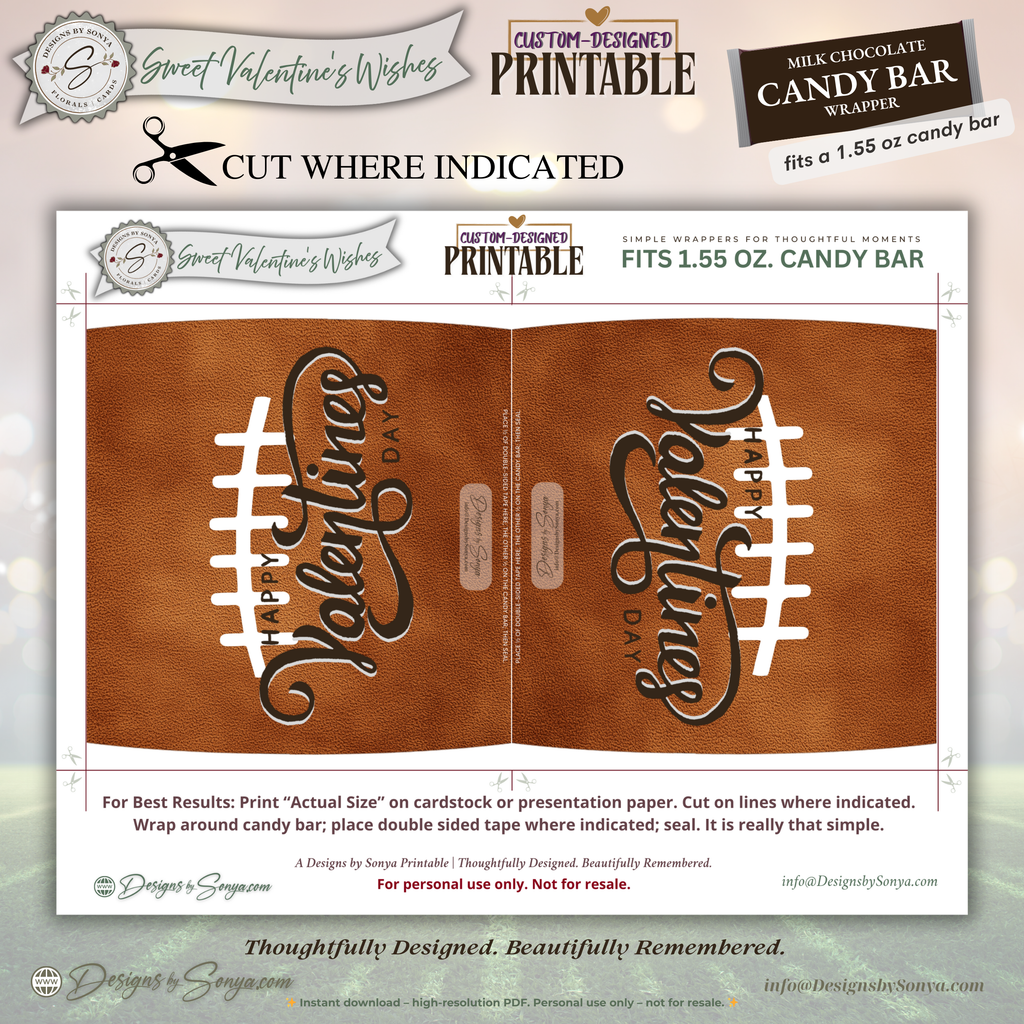 Football Valentine Candy Bar Wrapper Printable – Happy Valentine’s Day Chocolate Wrapper for 1.55 oz Candy Bars – Classroom Party Favor Treat