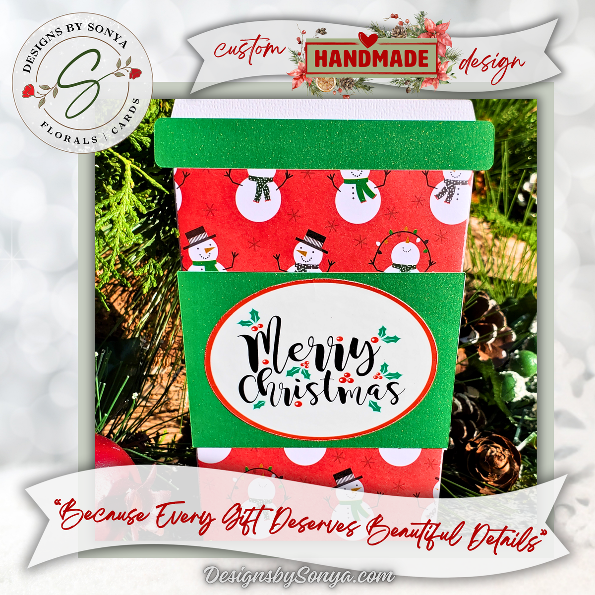 Handmade Christmas Gift Card Holder | Coffee Cup Gift Card Holder for Teachers, Coworkers & Coffee Lovers | Snowman Merry Christmas Design