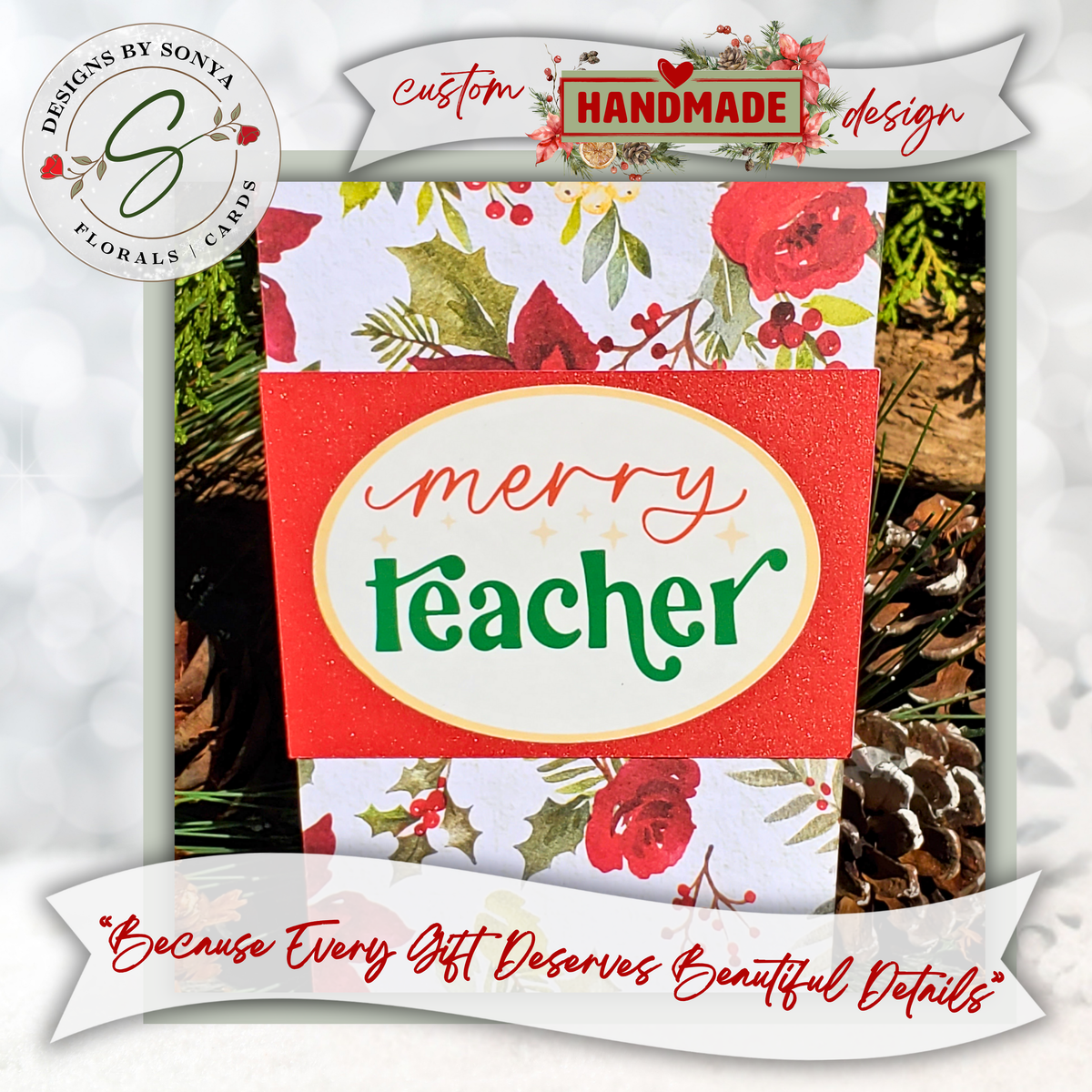 Handmade Christmas Gift Card Holder | Merry Teacher Coffee Cup Gift Card Holder | Teacher Appreciation Gift with Red Holiday Florals