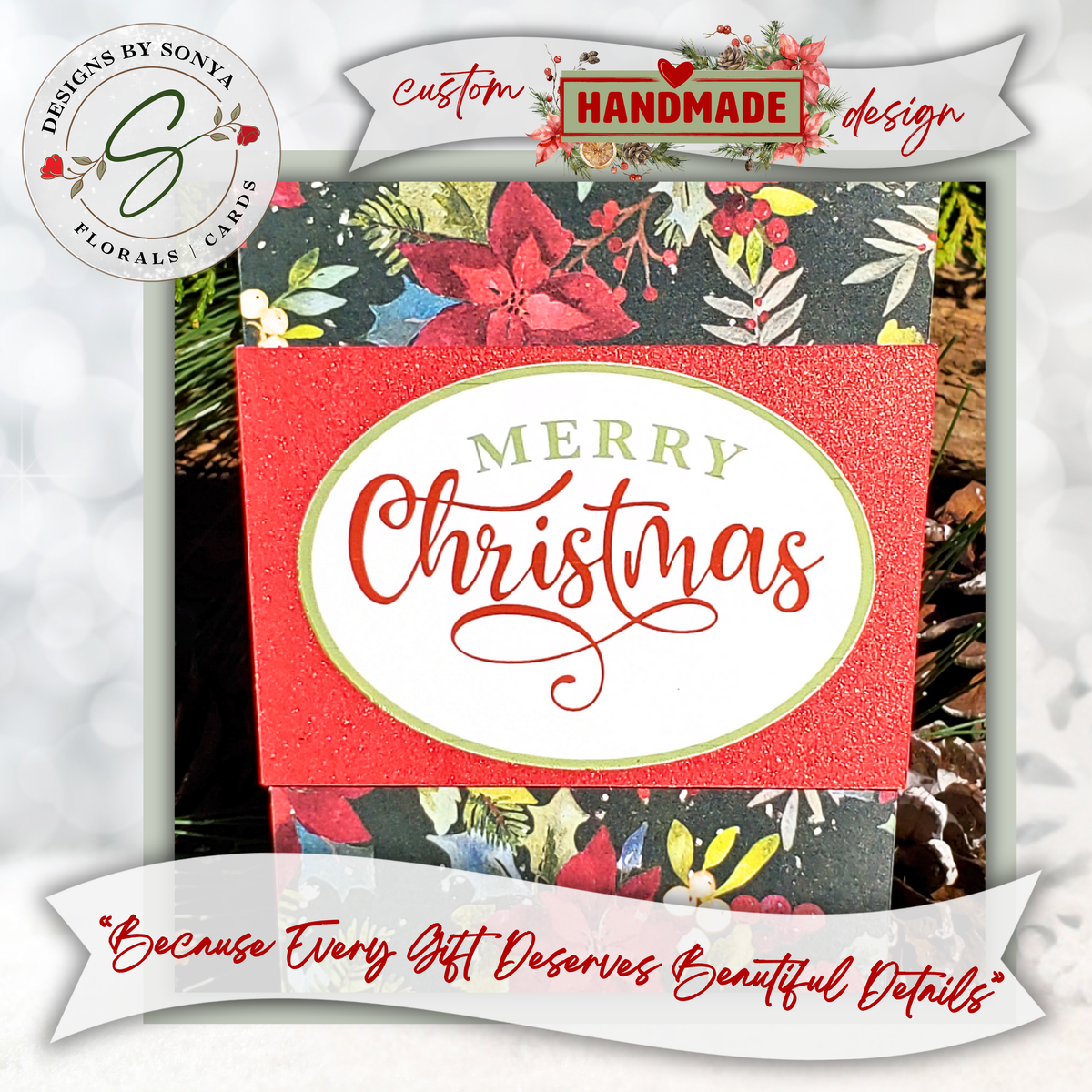 Handmade Christmas Gift Card Holder | Coffee Cup Gift Card Holder for Teachers, Coworkers & Coffee Lovers | Red Poinsettia Holiday Floral Design
