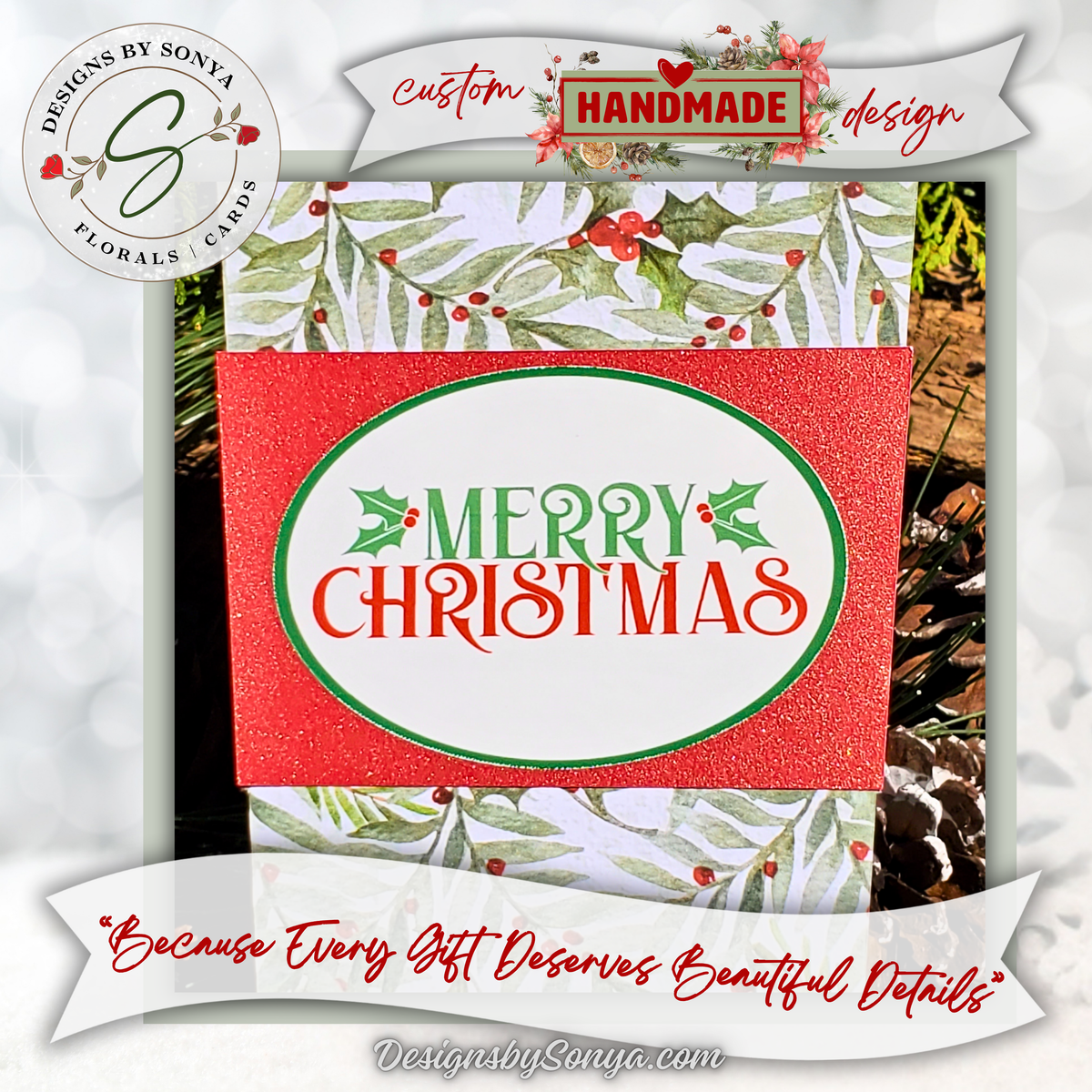 Handmade Christmas Gift Card Holder | Coffee Cup Gift Card Holder for Teachers, Coworkers & Coffee Lovers | Winter Greenery & Holly Design