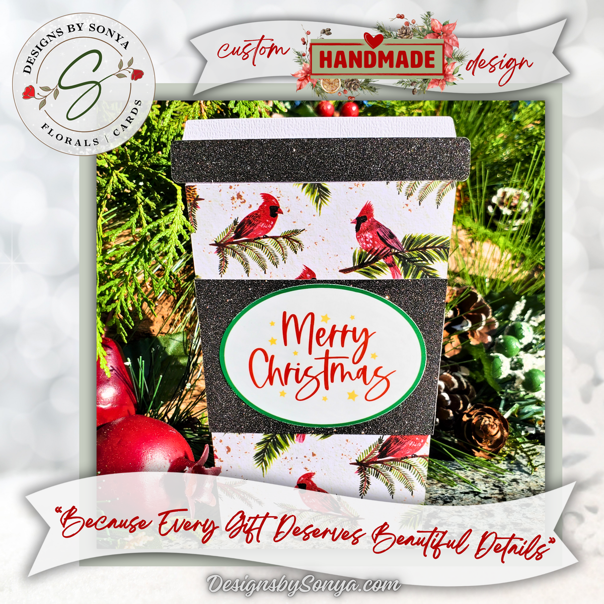 Handmade Christmas Gift Card Holder | Coffee Cup Gift Card Holder for Teachers, Coworkers & Coffee Lovers | Red Cardinal Merry Christmas Design