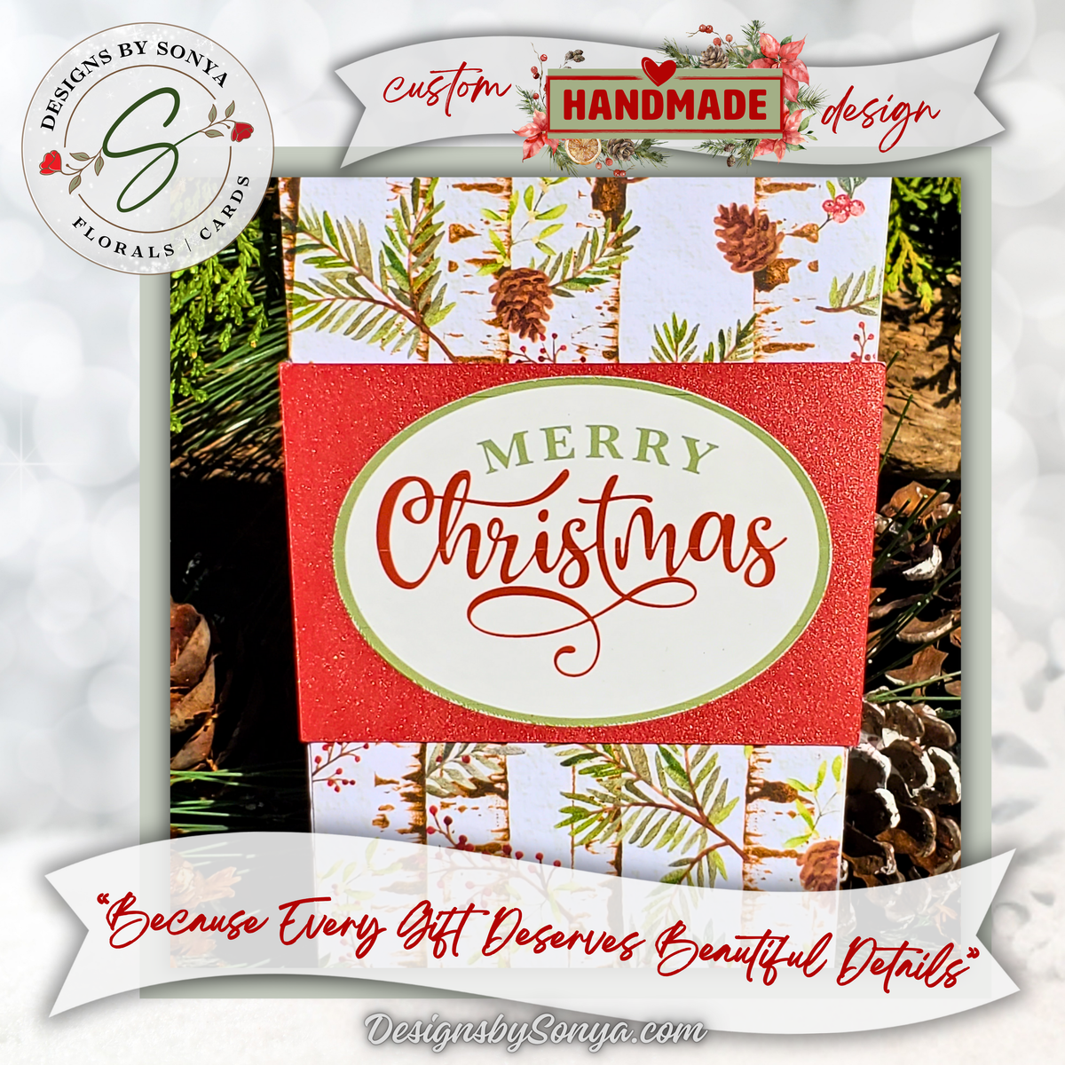 Handmade Christmas Gift Card Holder | Coffee Cup Gift Card Holder for Teachers, Coworkers & Coffee Lovers | Rustic Birch Tree & Pinecone Design