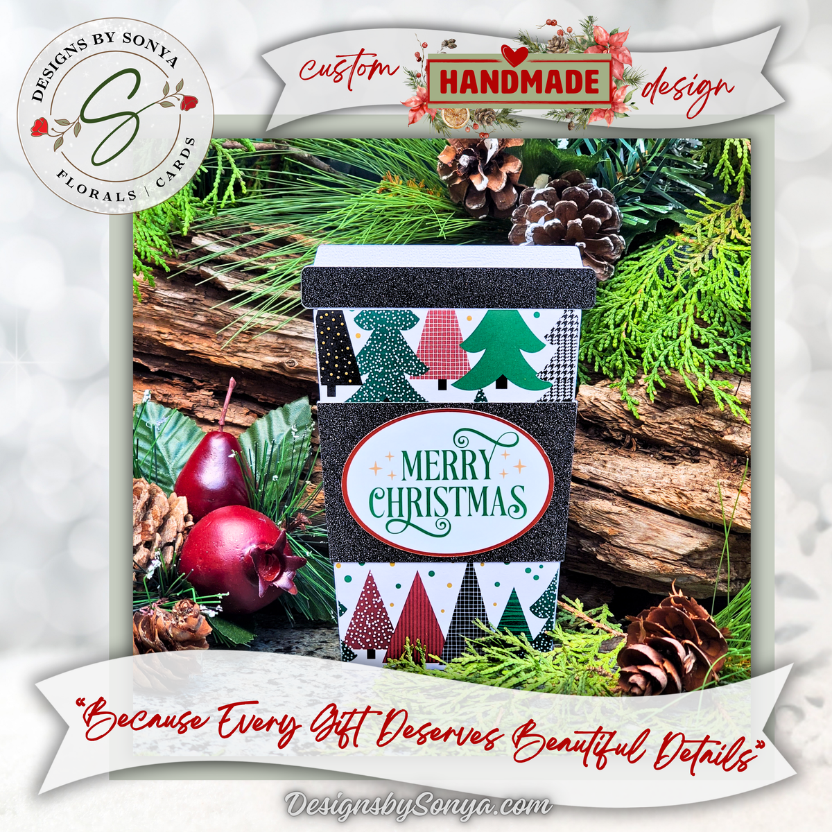 Handmade Christmas Gift Card Holder | Coffee Cup Gift Card Holder for Teachers, Coworkers & Coffee Lovers | Merry Christmas Tree Design