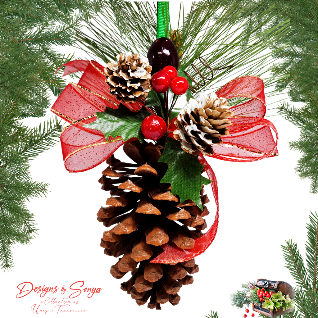 Full Ornament Hanging on Pine Branches
Handmade pinecone Christmas ornament with red ribbon bow, berries, and frosted pinecones, shown hanging on greenery to highlight rustic holiday charm.