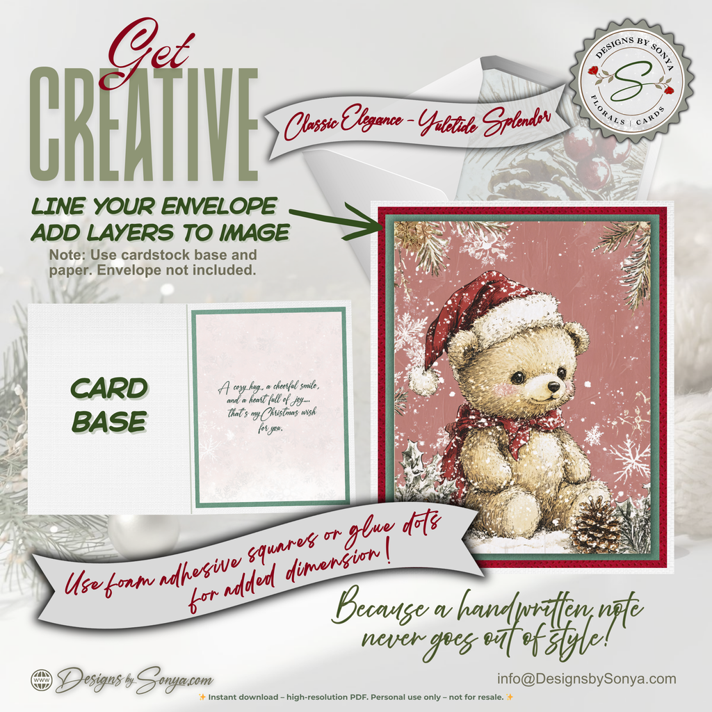 Christmas Teddy Bear Printable Card • A2 (4.25" x 5.5") Folded Holiday Greeting Note Card • Winter Woodland Design • Christmas Stationery
