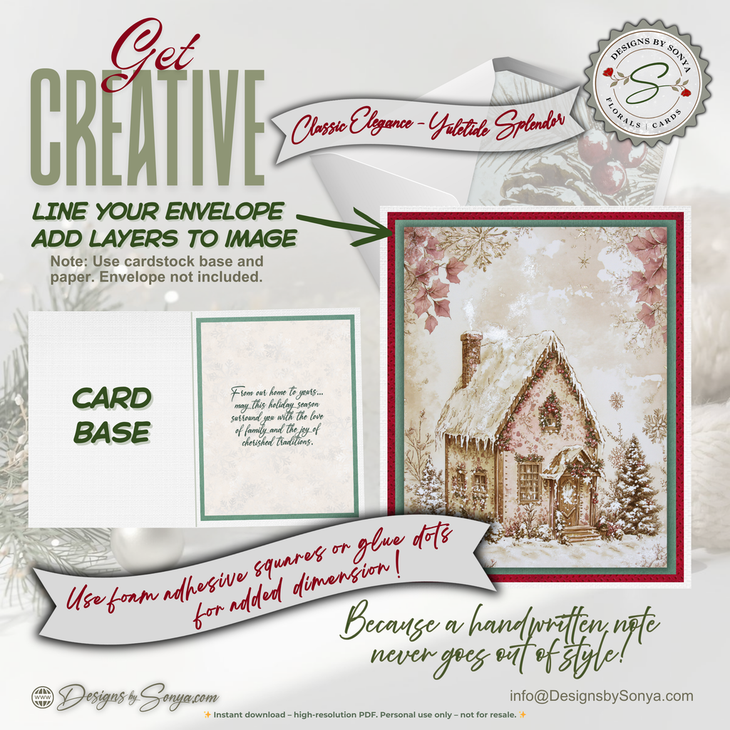 Gingerbread Cottage Christmas Printable Card • A2 (4.25" x 5.5") Folded Holiday Greeting Note Card • Vintage Storybook Design • Christmas Stationery