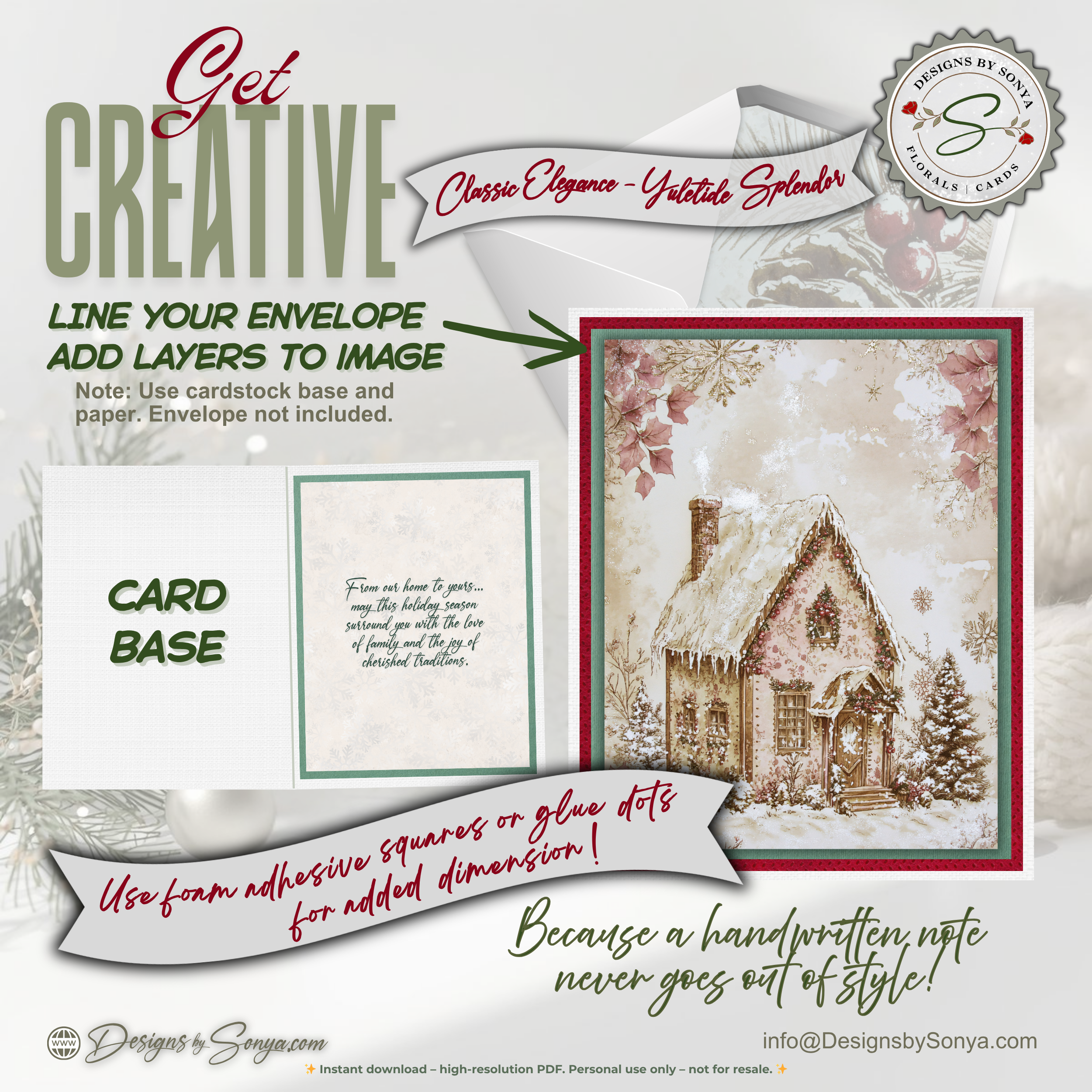 Gingerbread Cottage Christmas Printable Card • A2 (4.25" x 5.5") Folded Holiday Greeting Note Card • Vintage Storybook Design • Christmas Stationery