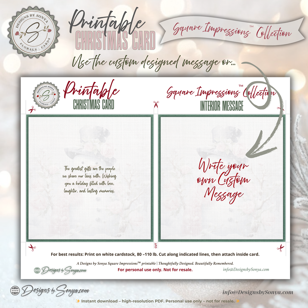 Printable Pink Snowman Christmas Card | Square Floral Holiday Card | 5.5” Square | Envelope Liner | Instant Download | Pastel Winter Note Card