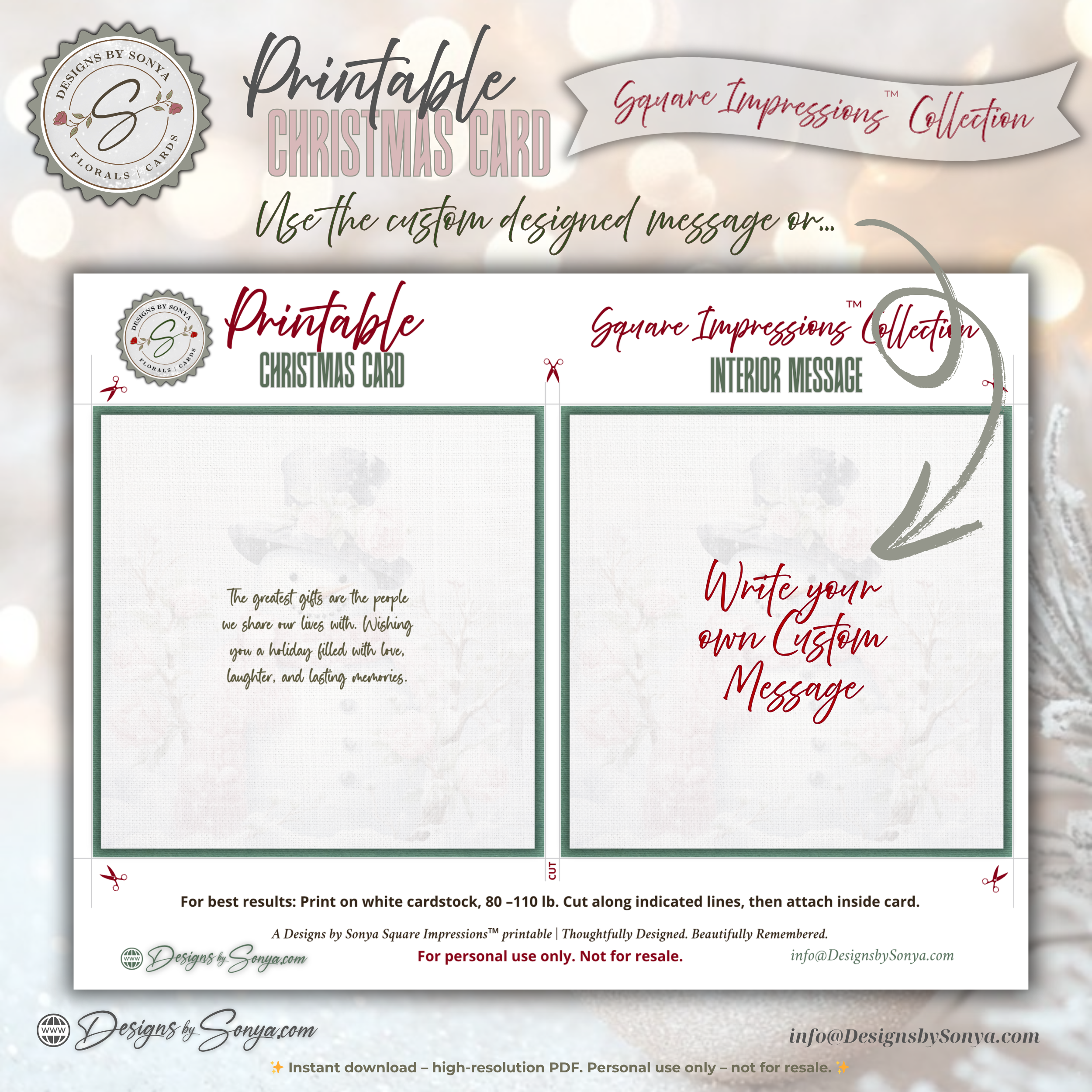 Printable Pink Snowman Christmas Card | Square Floral Holiday Card | 5.5” Square | Envelope Liner | Instant Download | Pastel Winter Note Card