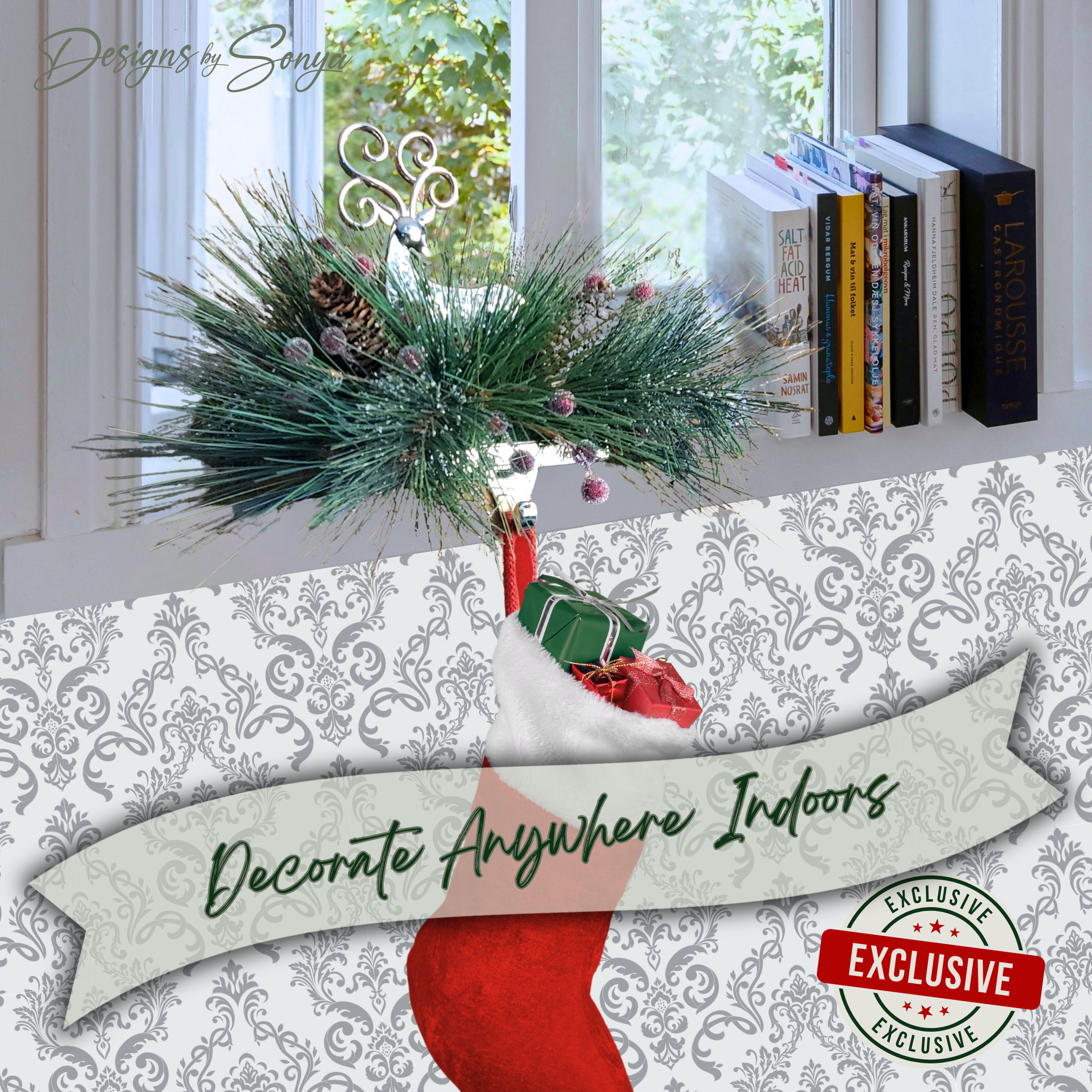 Decorate Anywhere Reindeer Stocking Holder
Christmas reindeer stocking holder displayed on a windowsill. Versatile floral holiday decoration for mantels, shelves, or ledges.