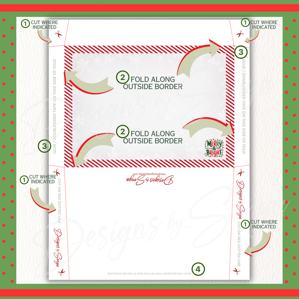 DIY Christmas Envelope Template
Step-by-step printable template showing how to cut, fold, and assemble a matching envelope for the Merry & Bright holiday gift card holder.